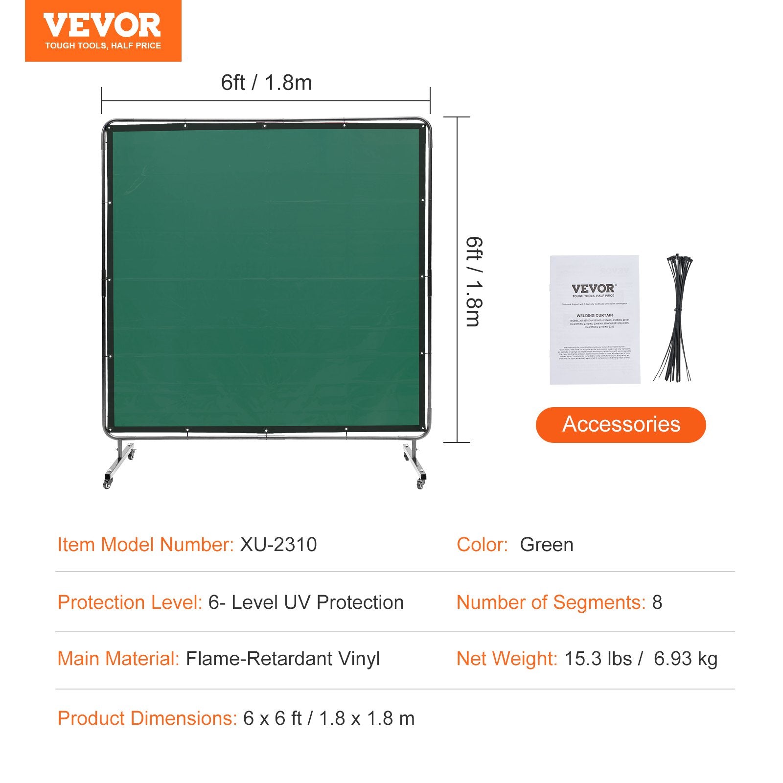 Welding Screen with Frame 6'x6' Flame-Resistant Vinyl on 4 Swivel Wheels Green