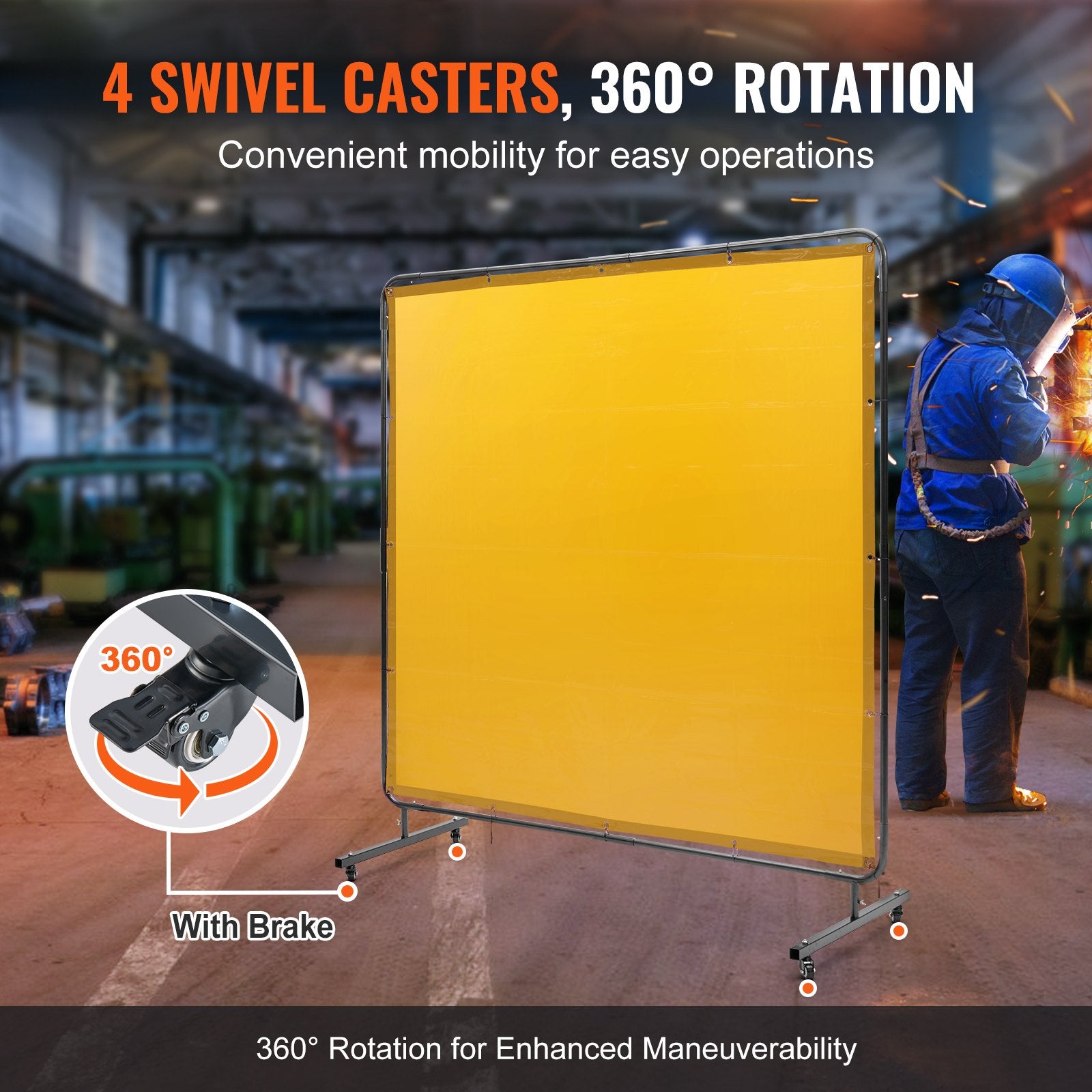 Welding Screen with Frame 6'x6' Flame-Resistant Vinyl on 4 Swivel Wheels Yellow