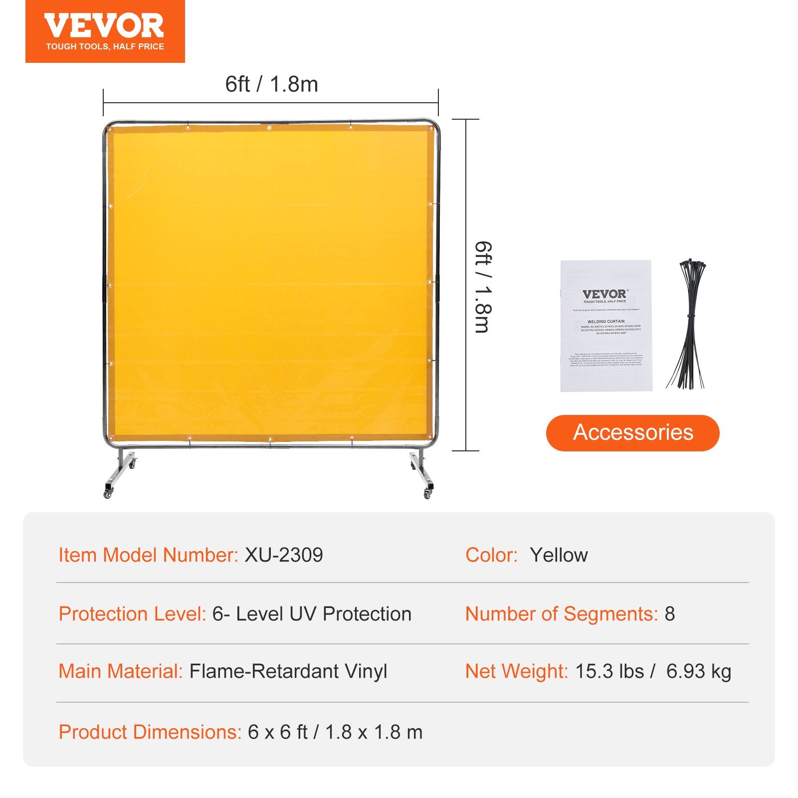 Welding Screen with Frame 6'x6' Flame-Resistant Vinyl on 4 Swivel Wheels Yellow