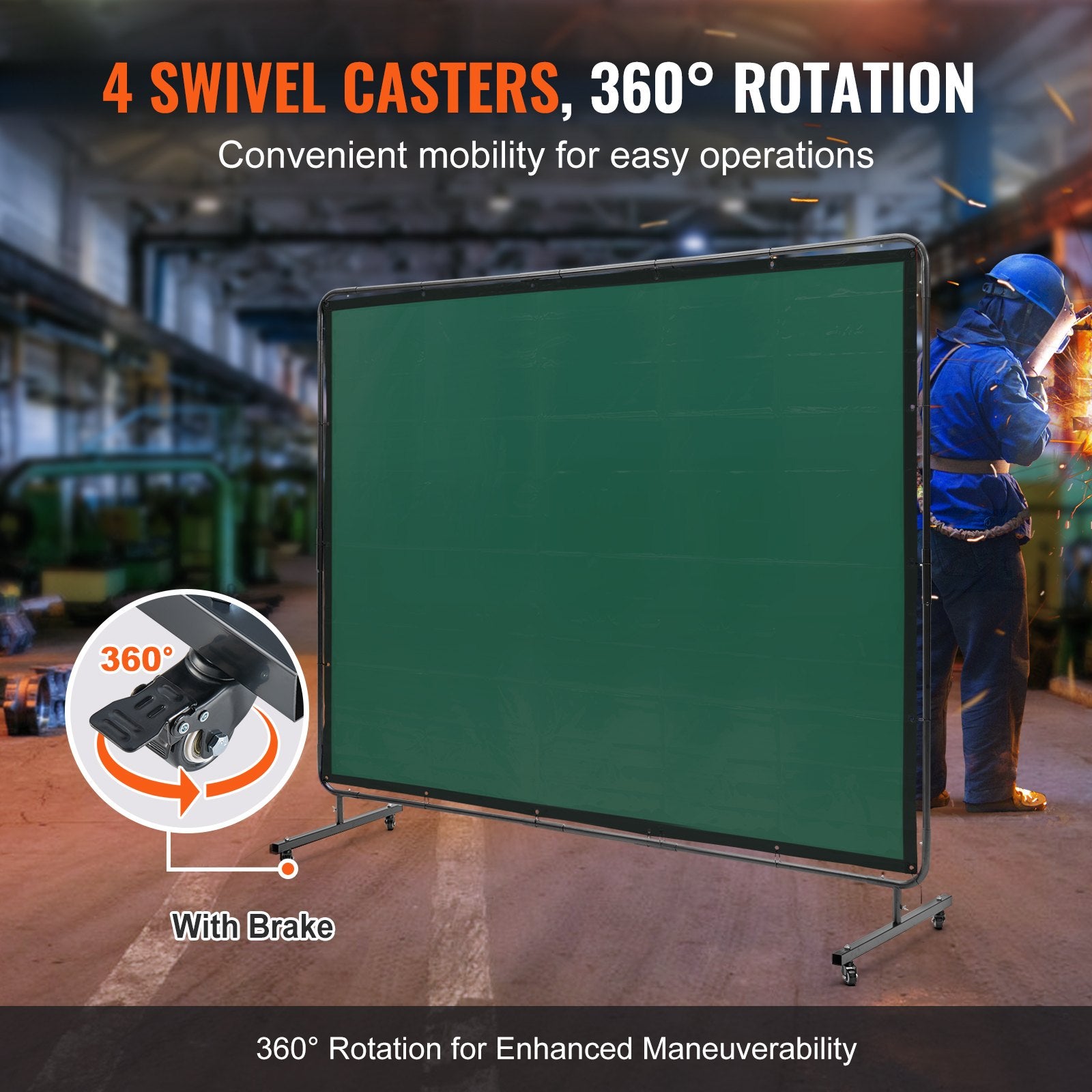 Welding Screen with Frame 6'x8' Flame-Resistant Vinyl on 4 Swivel Wheels Green