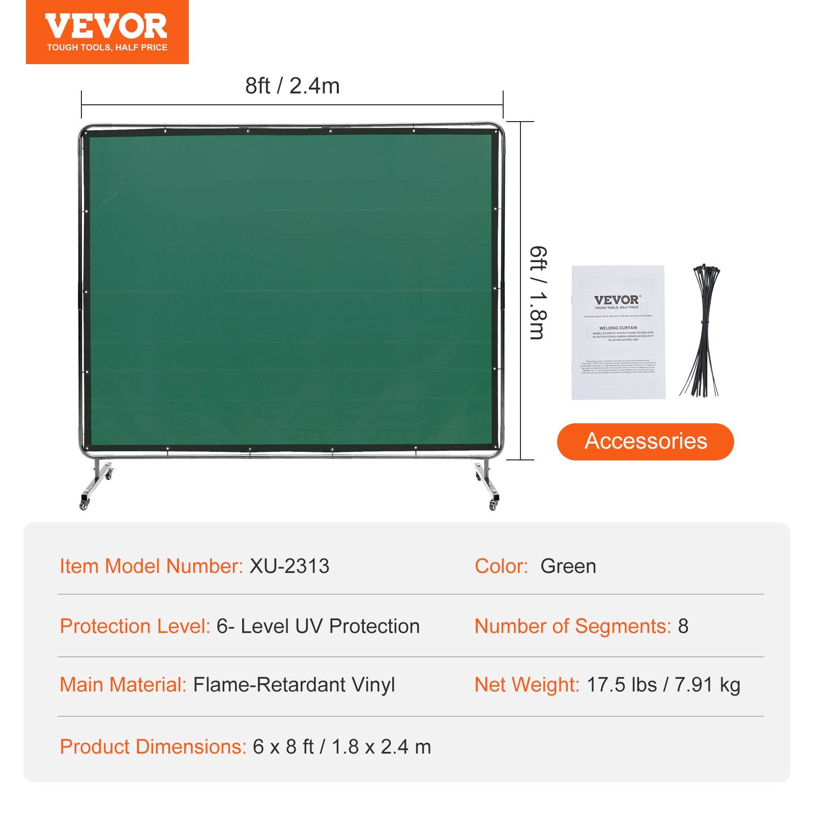 Welding Screen with Frame 6'x8' Flame-Resistant Vinyl on 4 Swivel Wheels Green
