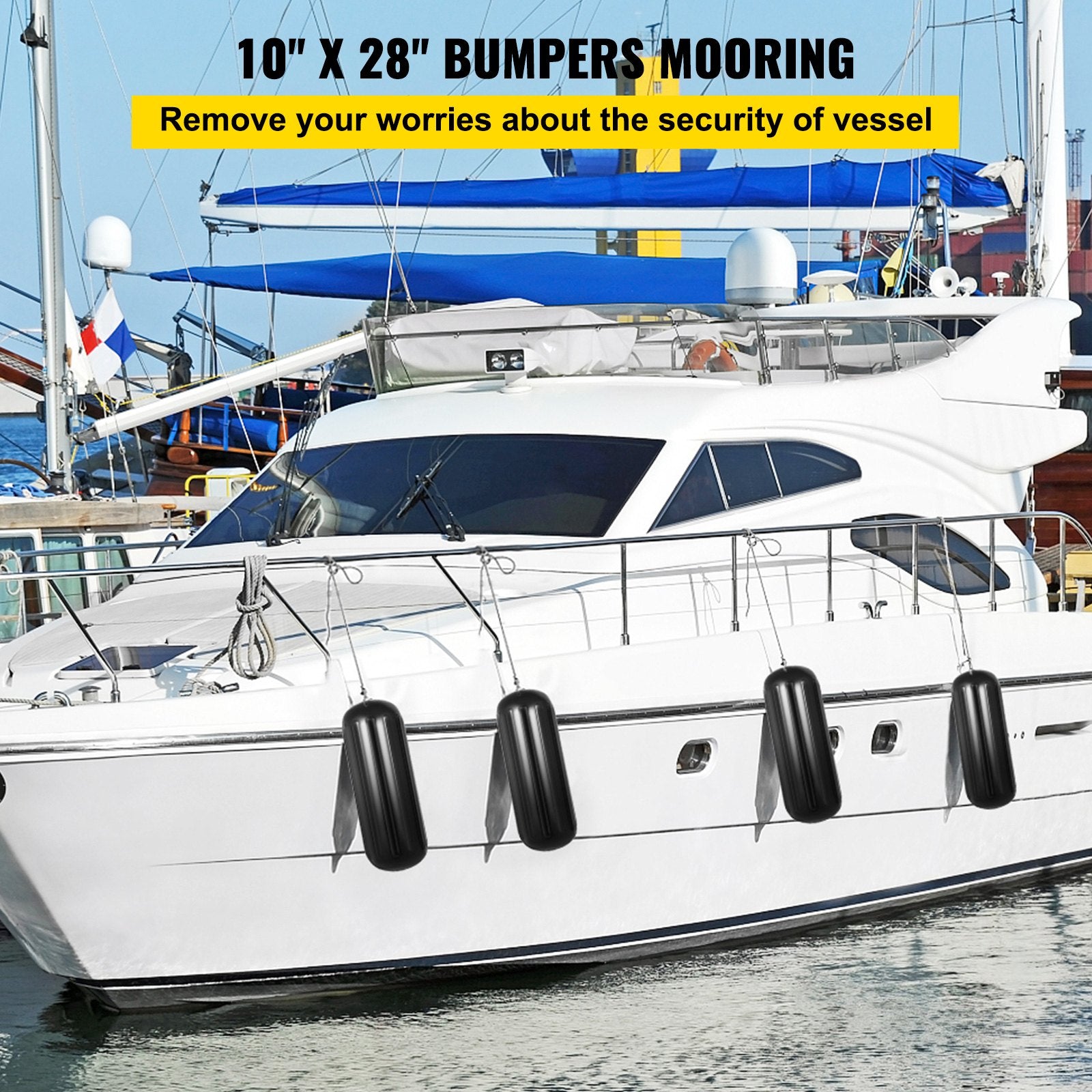 Boat Fenders 10x28 Ribbed Inflatable Boat Bumpers 4 Pack with Ropes Black