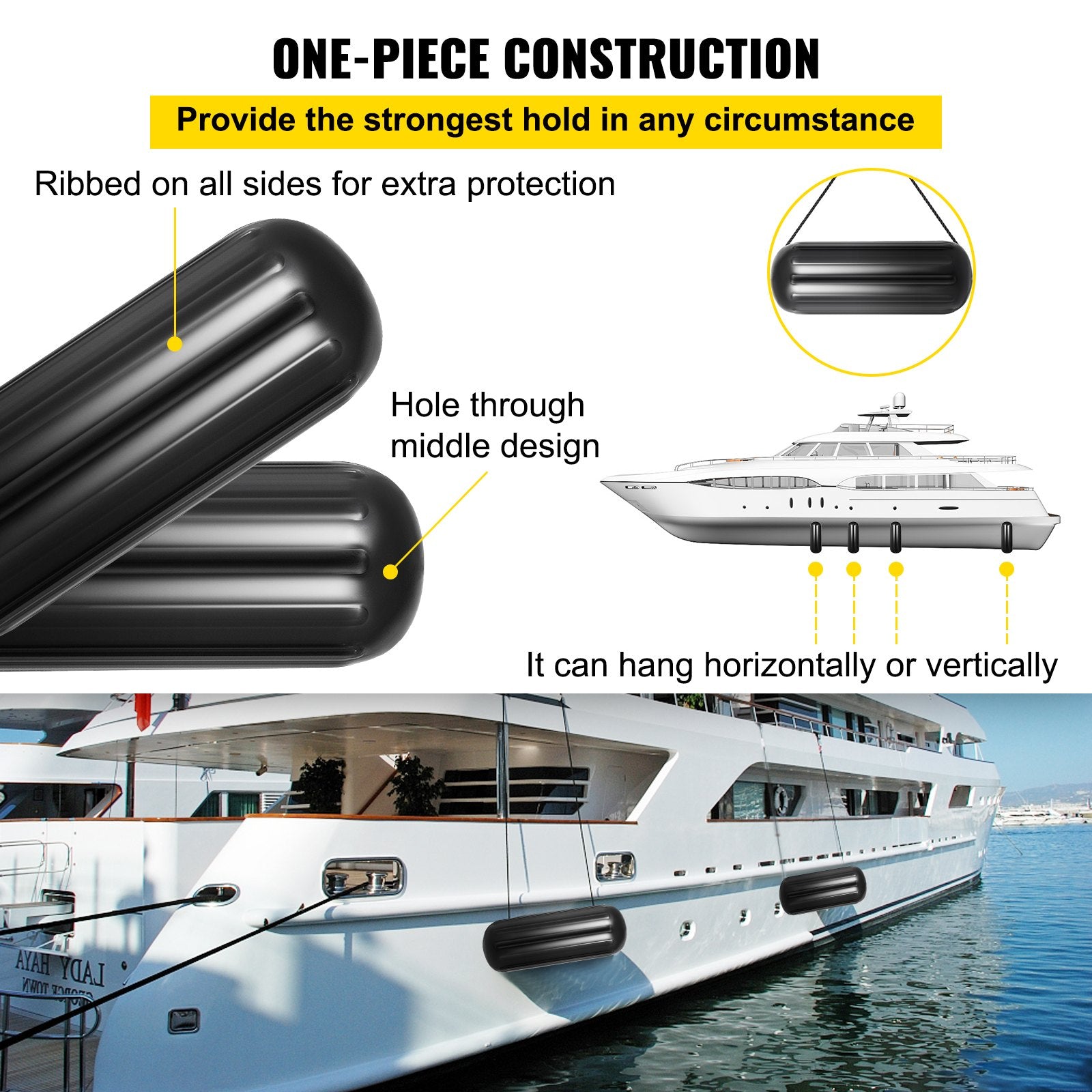 Boat Fenders 10x28 Ribbed Inflatable Boat Bumpers 4 Pack with Ropes Black