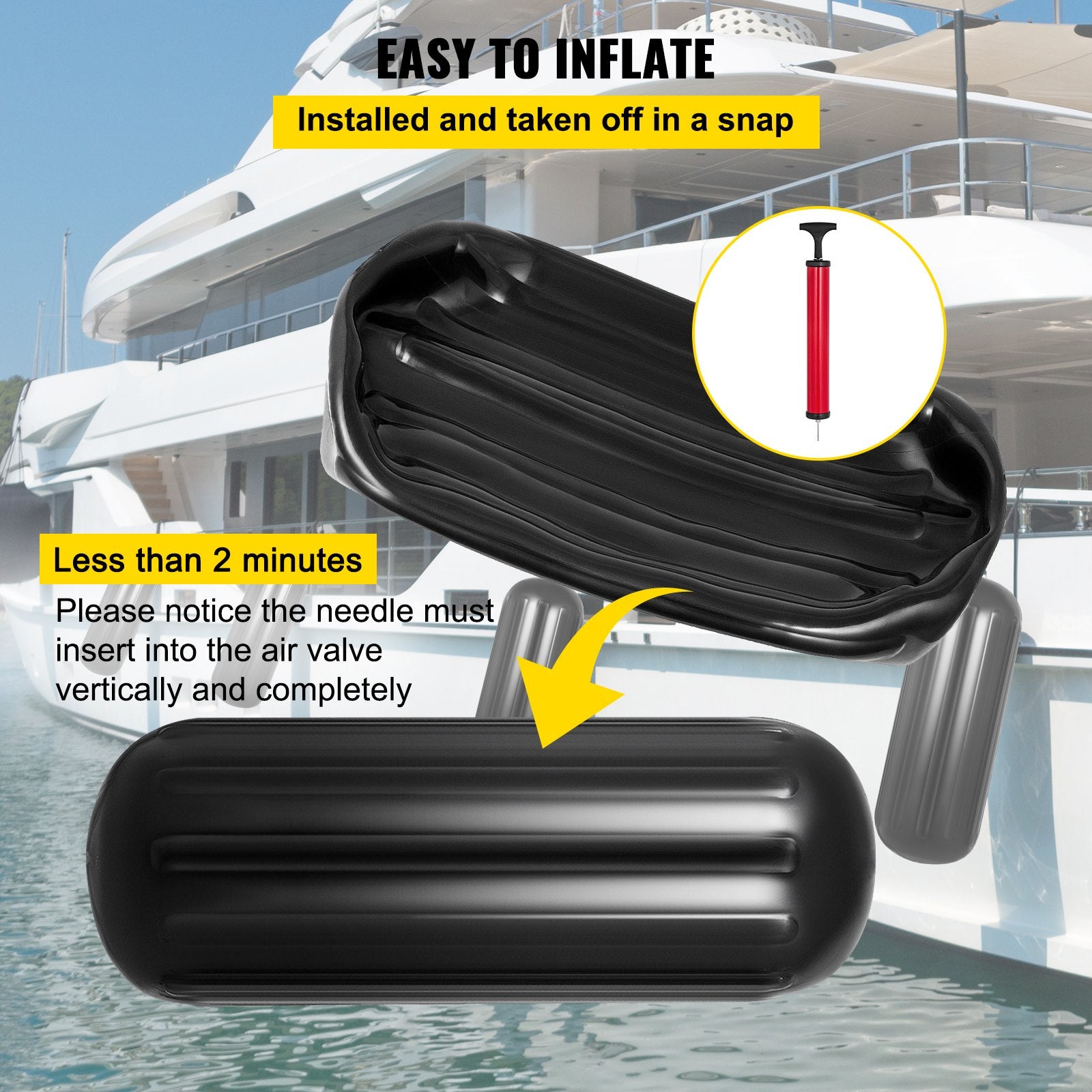 Boat Fenders 10x28 Ribbed Inflatable Boat Bumpers 4 Pack with Ropes Black