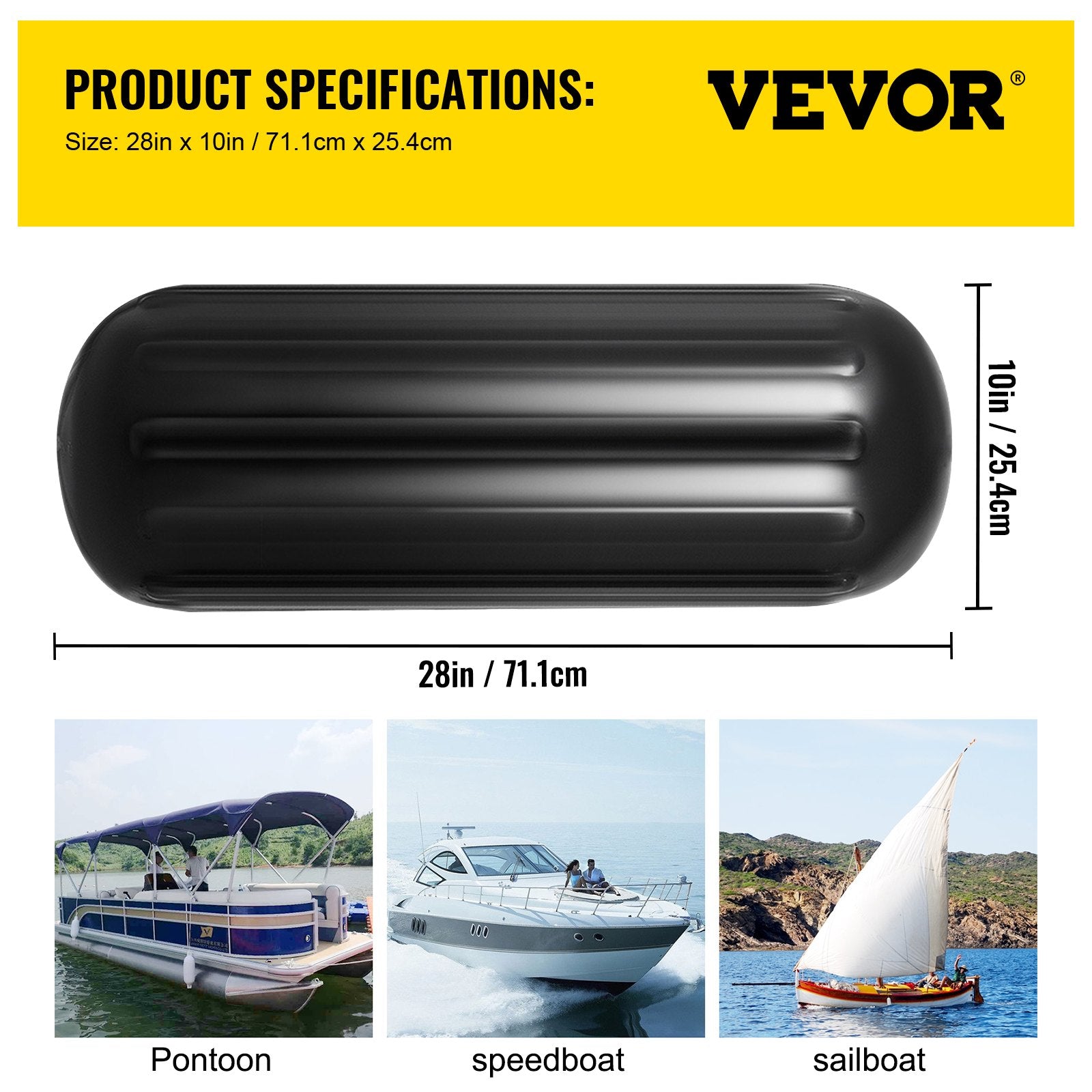 Boat Fenders 10x28 Ribbed Inflatable Boat Bumpers 4 Pack with Ropes Black