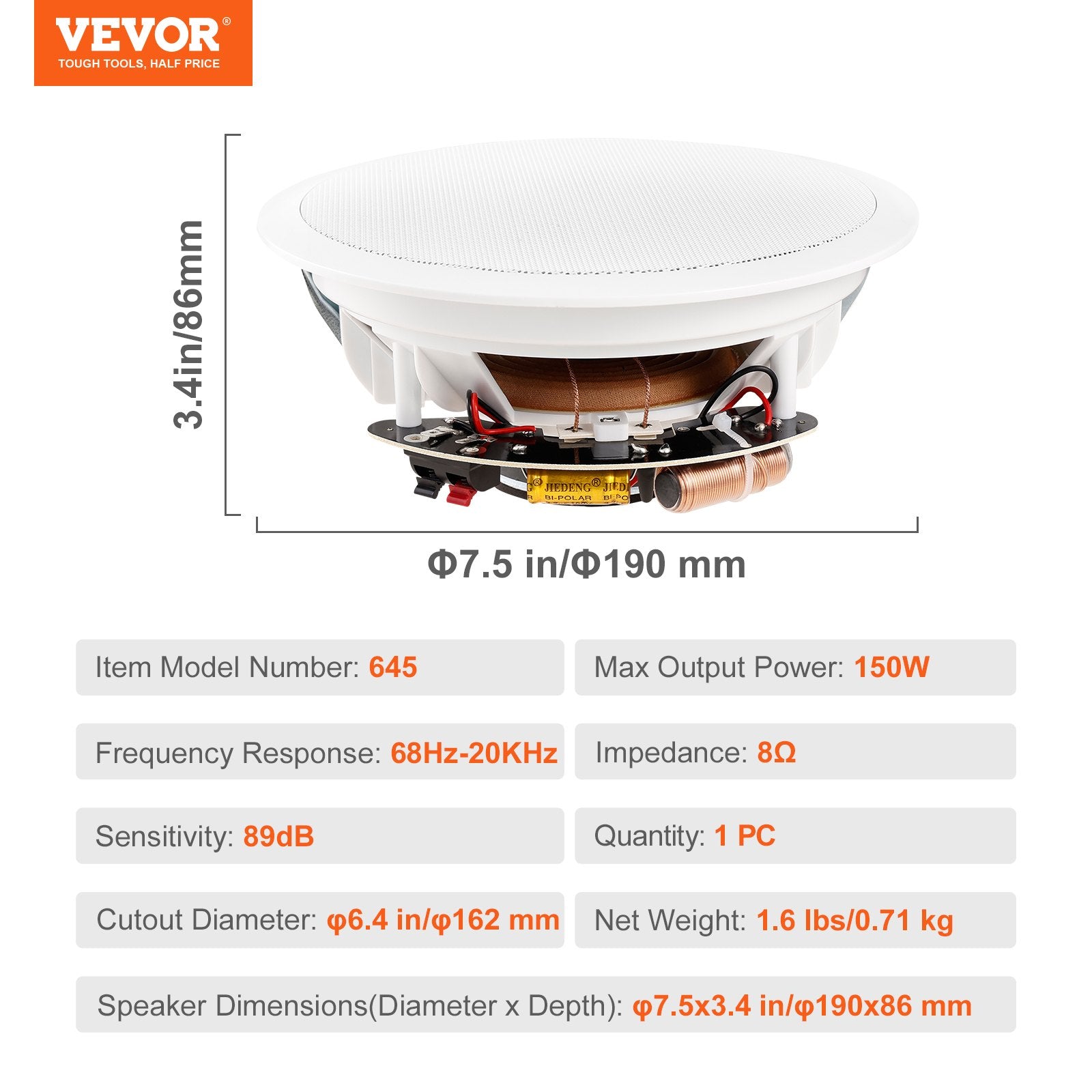 165.1mm In-Ceiling Speaker 150W 8Ω Flush Mount Home Audio Single