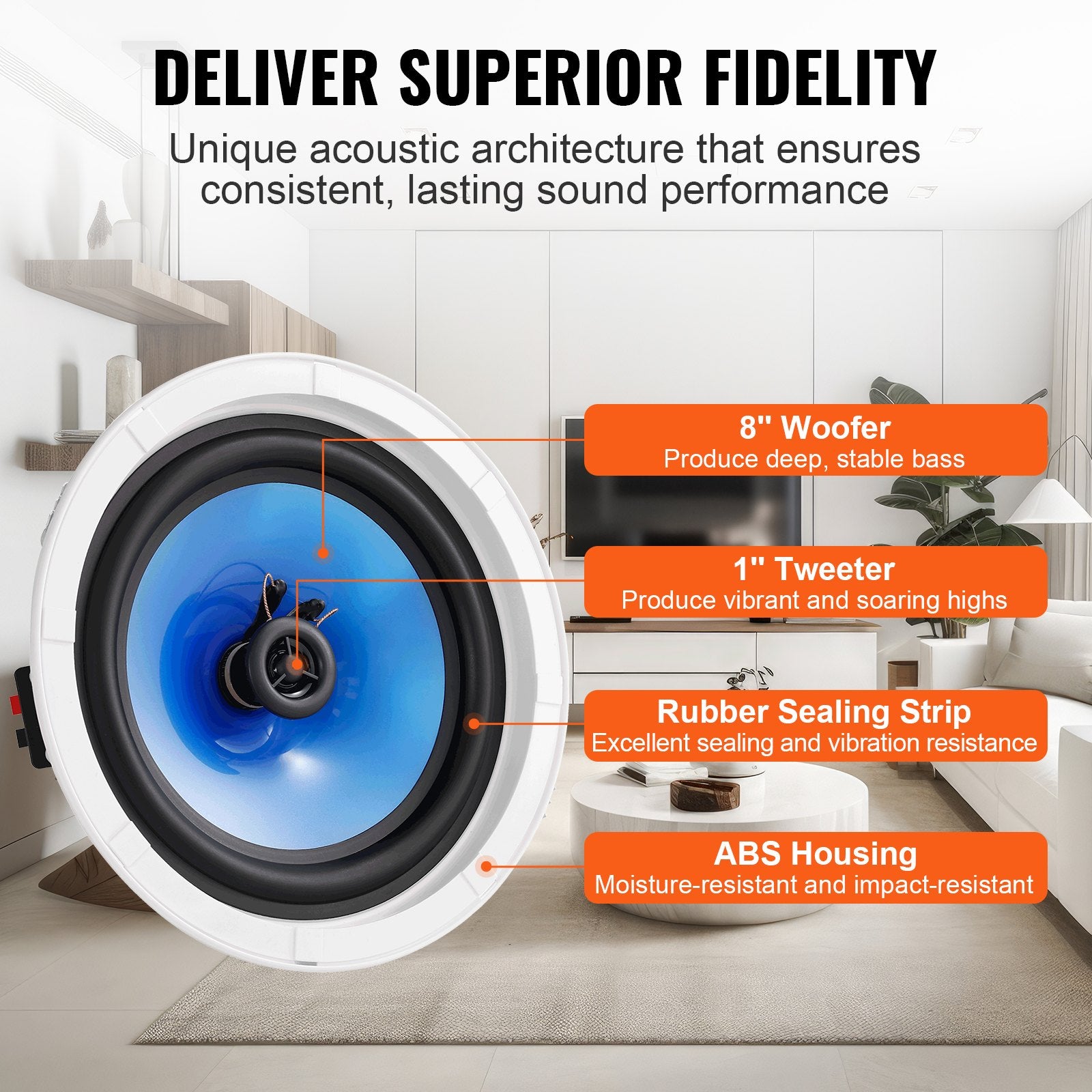 2PCS 203.2mm In-Ceiling Speakers 50W 8Ω Flush Mount Home Audio