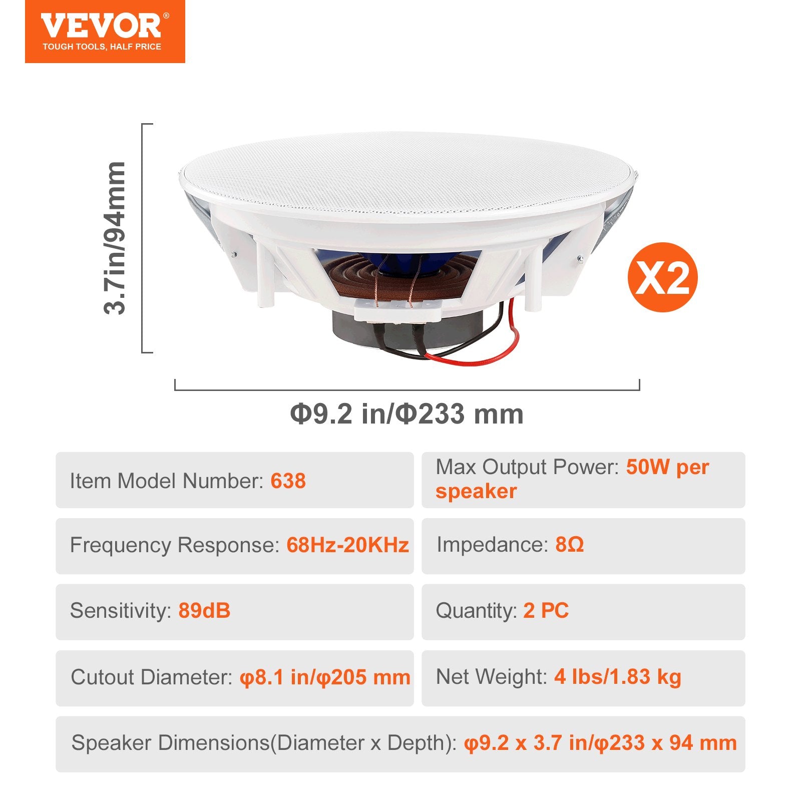 2PCS 203.2mm In-Ceiling Speakers 50W 8Ω Flush Mount Home Audio
