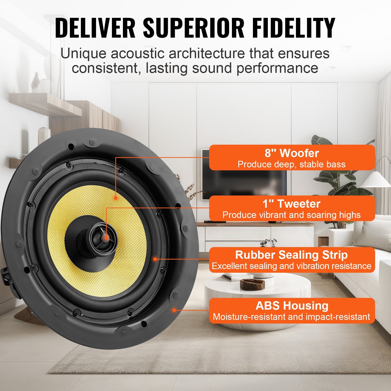 Ceiling Speaker, 203.2mm 200W Flush Mount In-Wall System 8Ω 89dB Single Unit