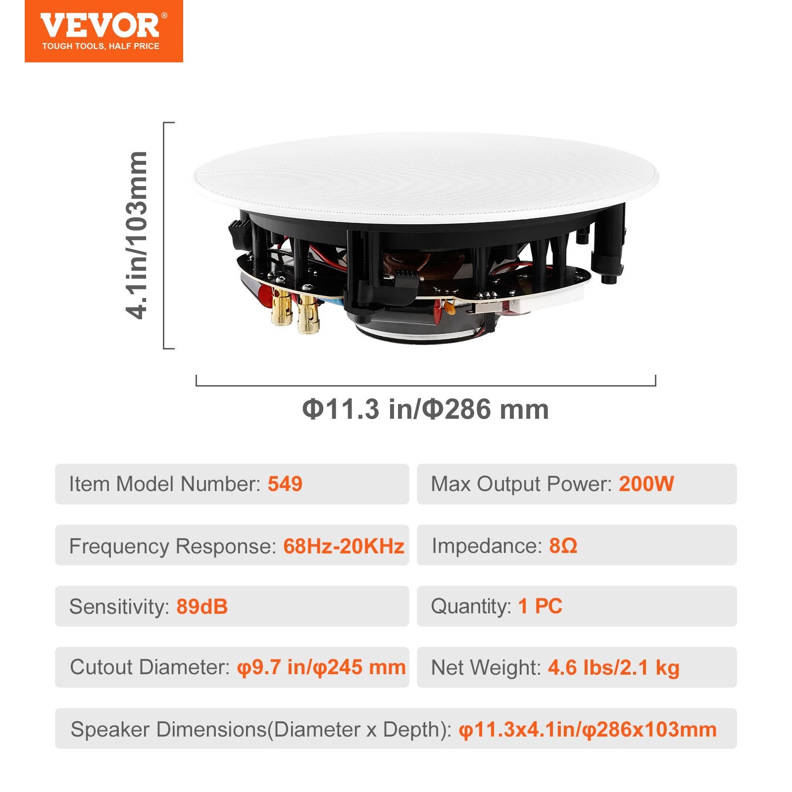 Ceiling Speaker, 203.2mm 200W Flush Mount In-Wall System 8Ω 89dB Single Unit
