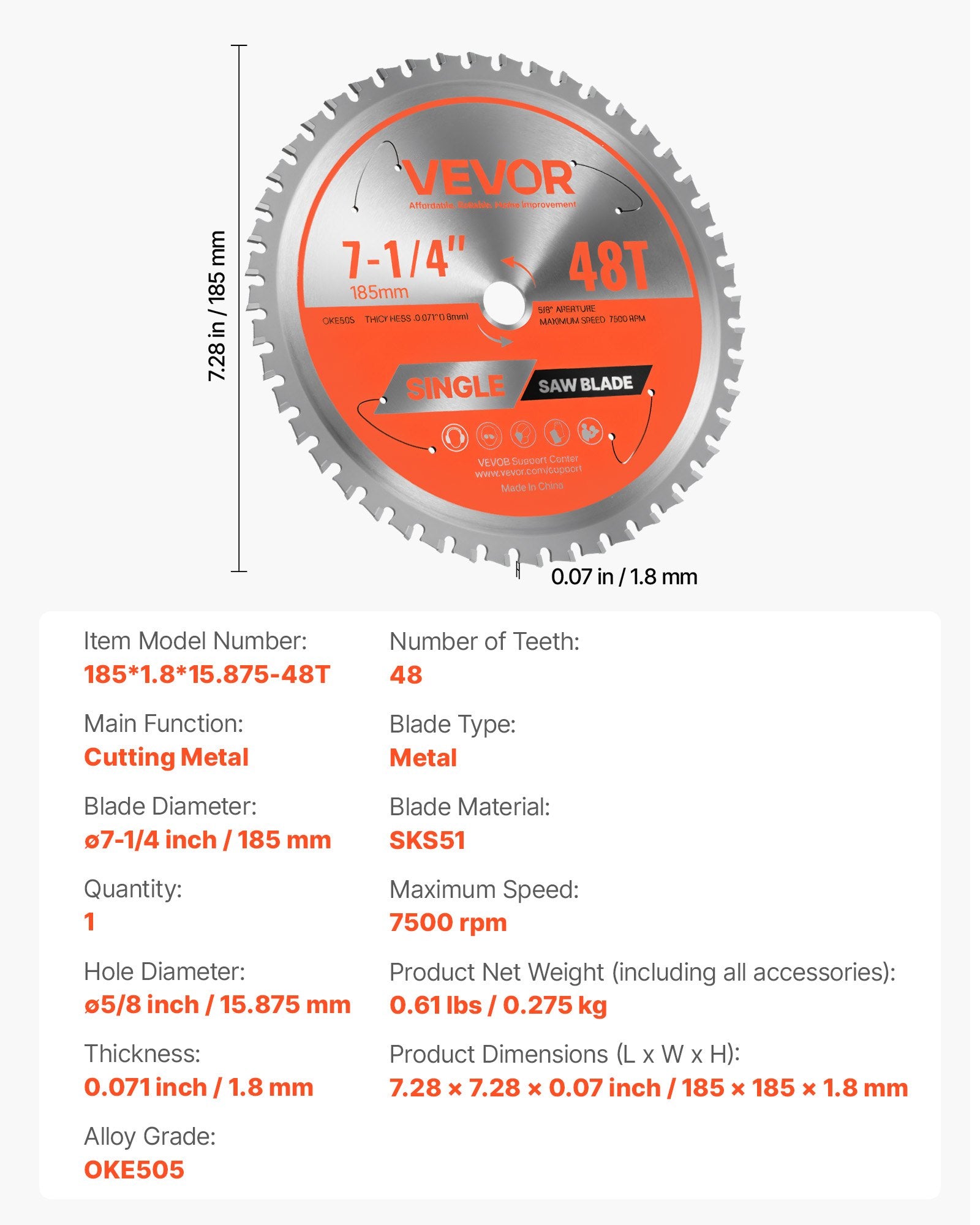 Circular Saw Blade 185mm 48 Teeth 15.875mm Arbor Metal Cutting with Heat Vents