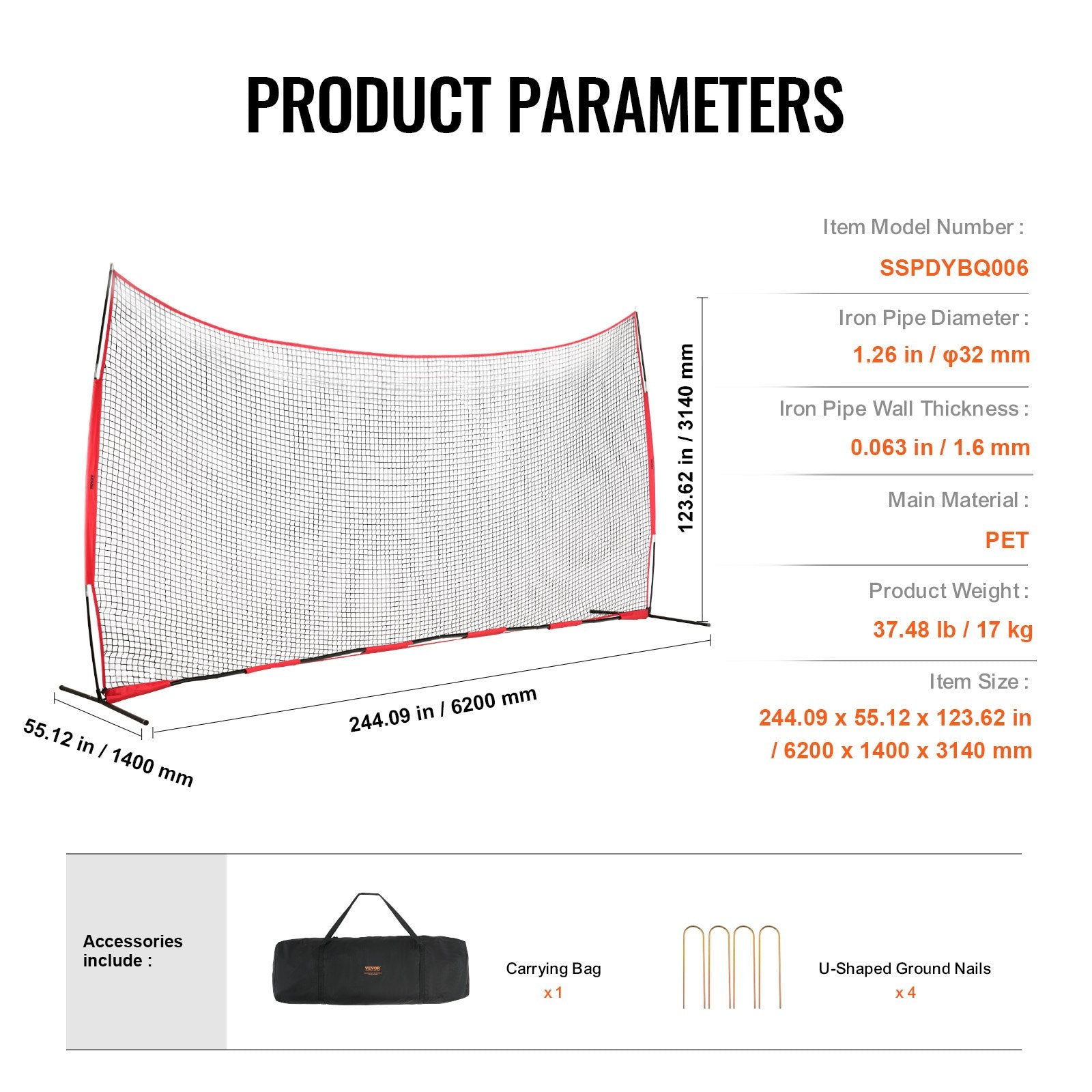 Barricade Backstop Net 20x10ft Portable Ball Sports Barrier with Carry Bag