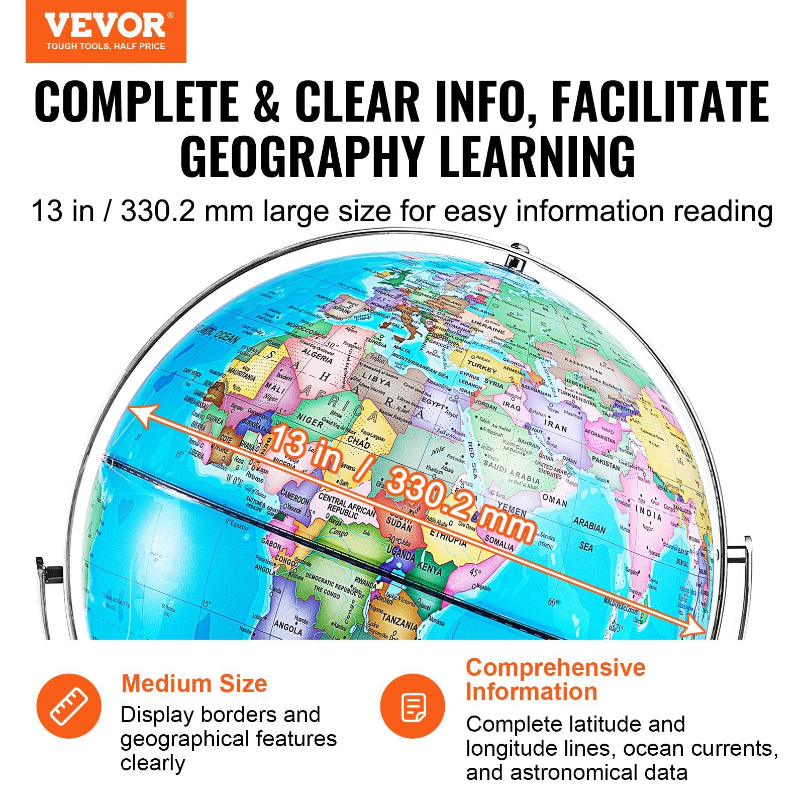 Rotating World Globe with Stand 330.2mm Educational Geographic Globe for Kids