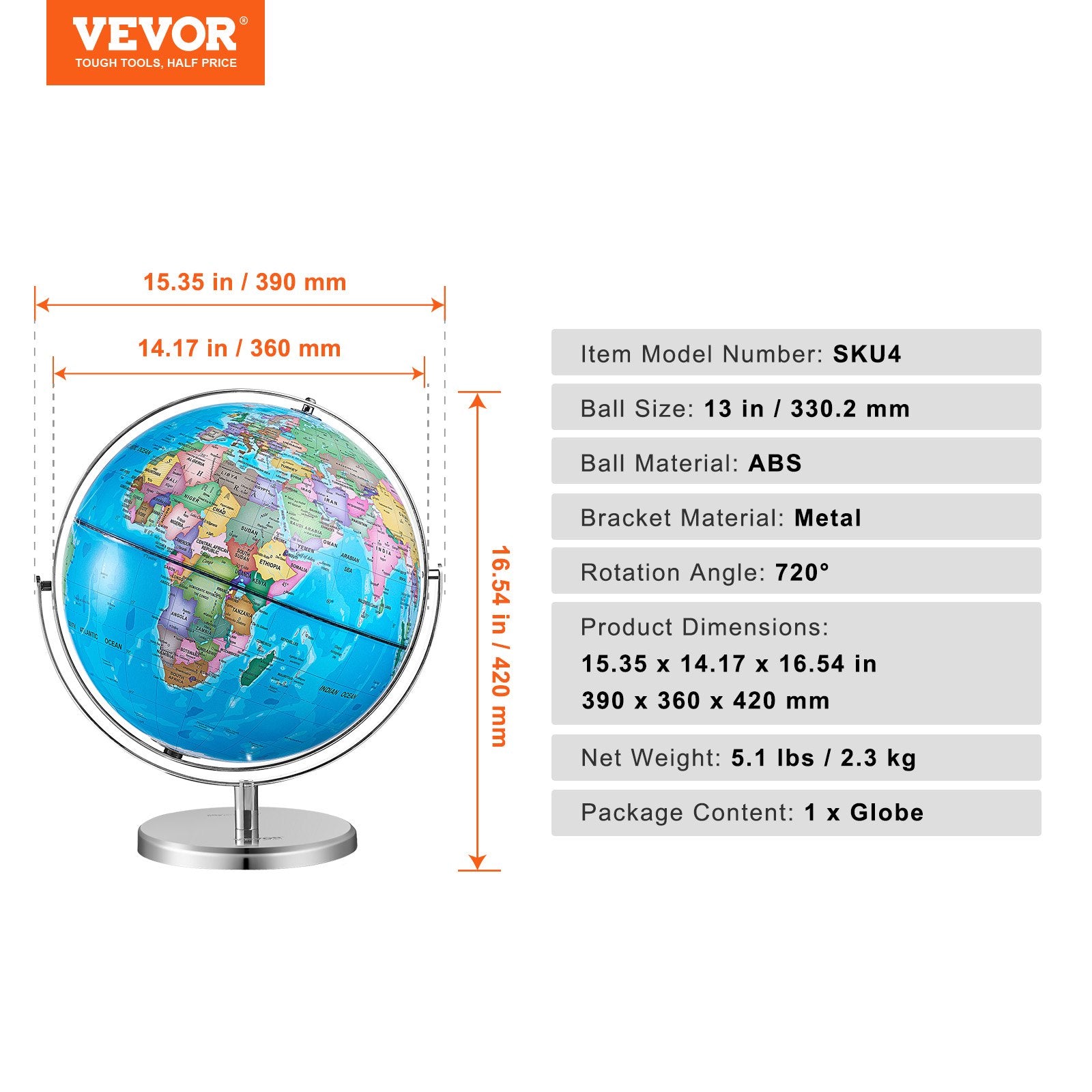 Rotating World Globe with Stand 330.2mm Educational Geographic Globe for Kids