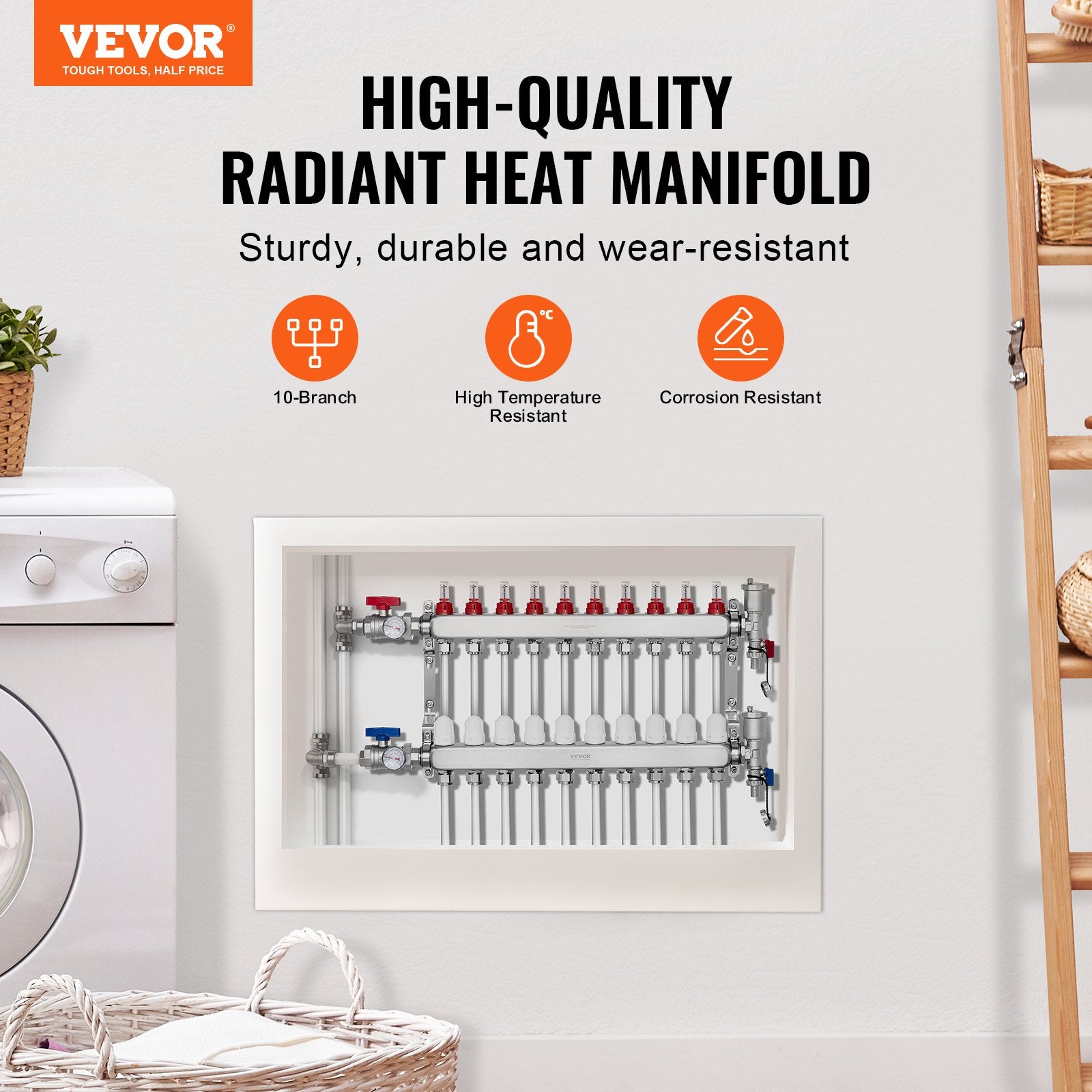 10-Branch Radiant Heat Manifold 1/2" PEX Stainless Steel Floor Heating Kit