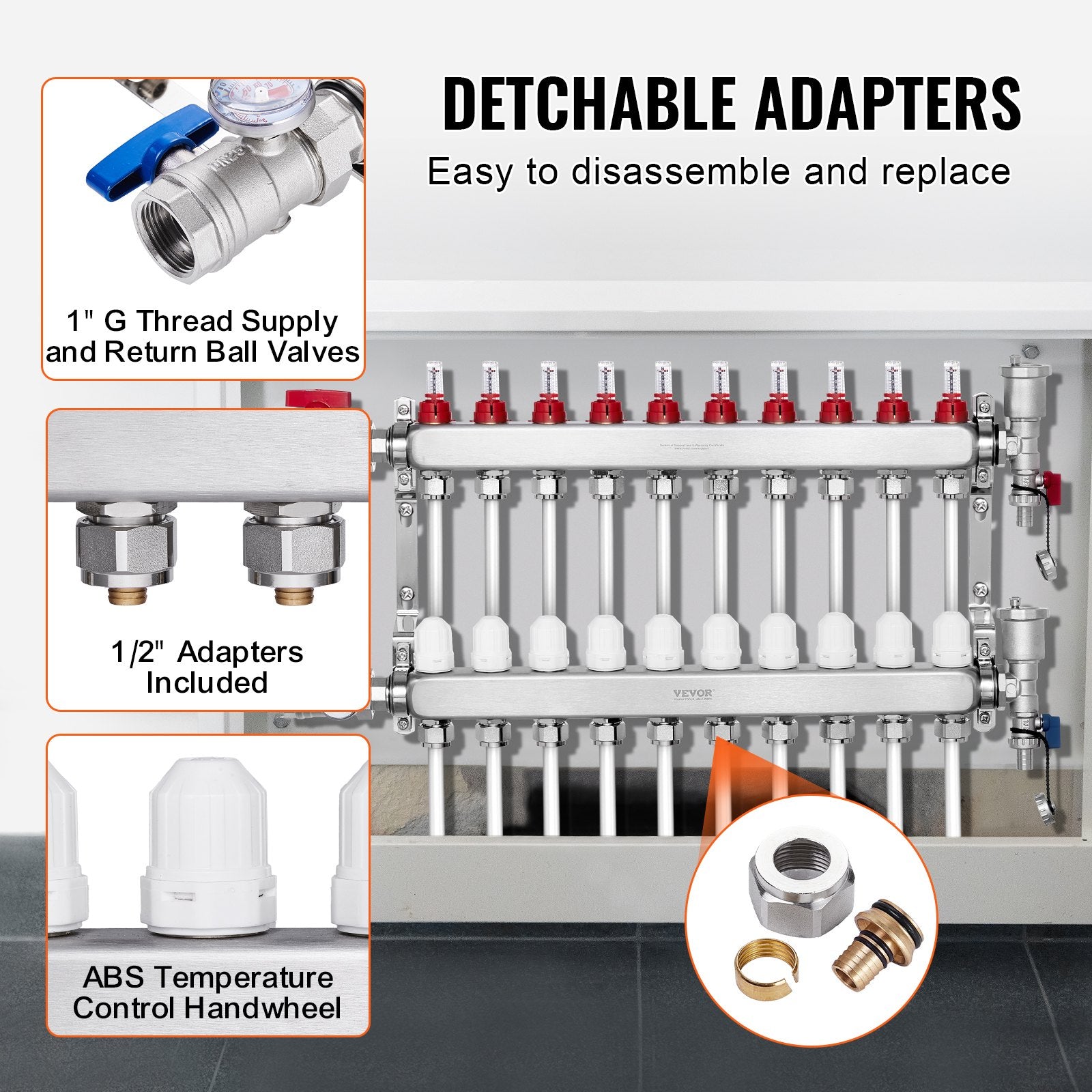 10-Branch Radiant Heat Manifold 1/2" PEX Stainless Steel Floor Heating Kit