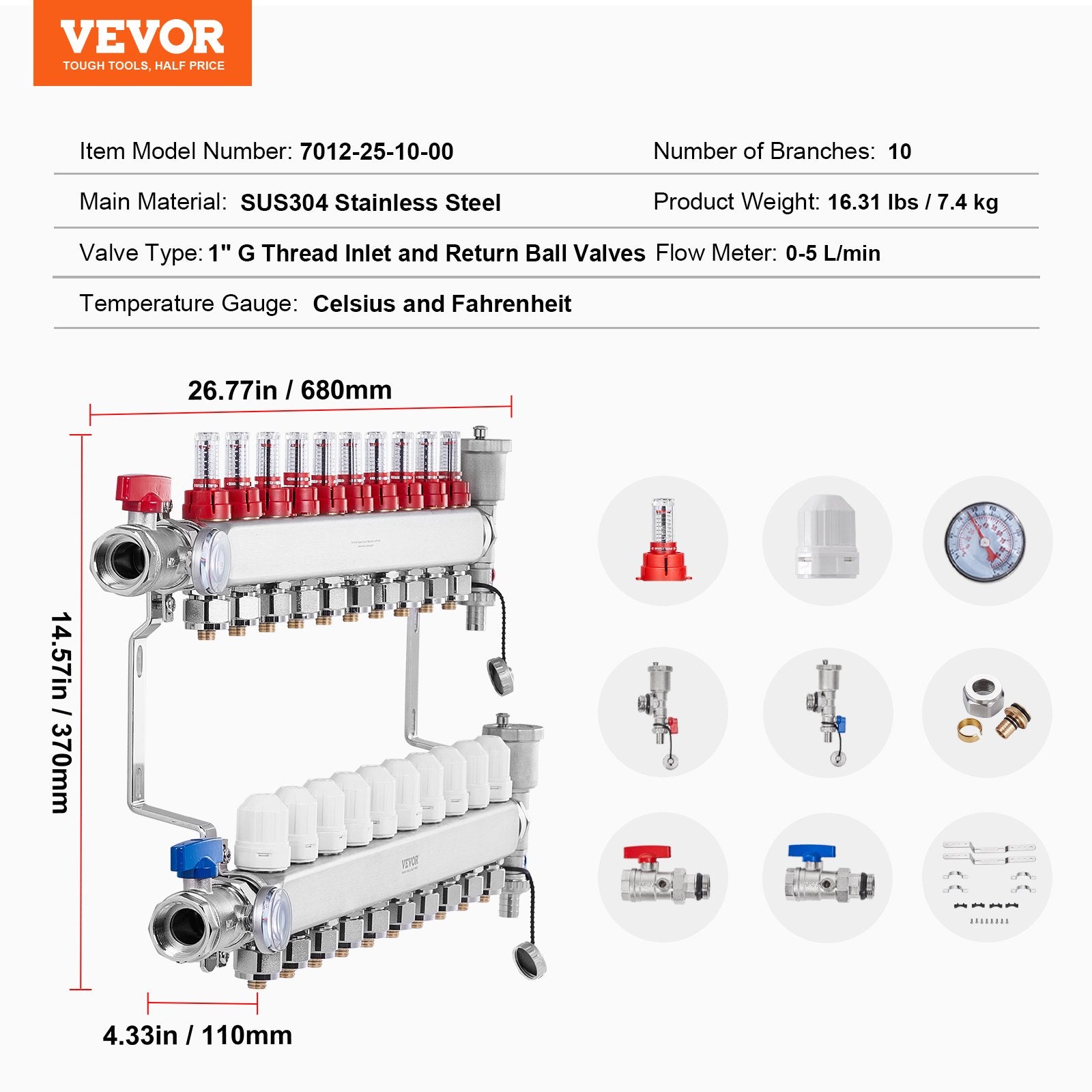 10-Branch Radiant Heat Manifold 1/2" PEX Stainless Steel Floor Heating Kit