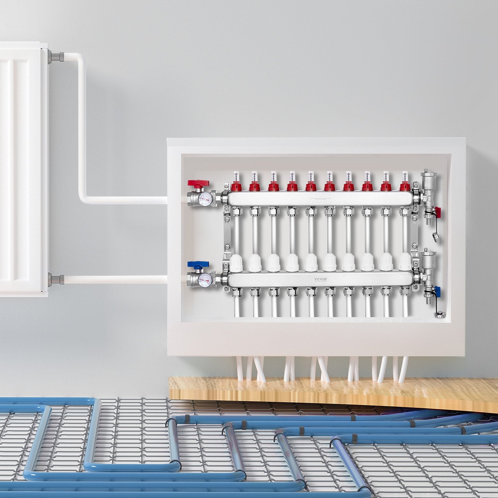 10-Branch Radiant Heat Manifold 1/2" PEX Stainless Steel Floor Heating Kit
