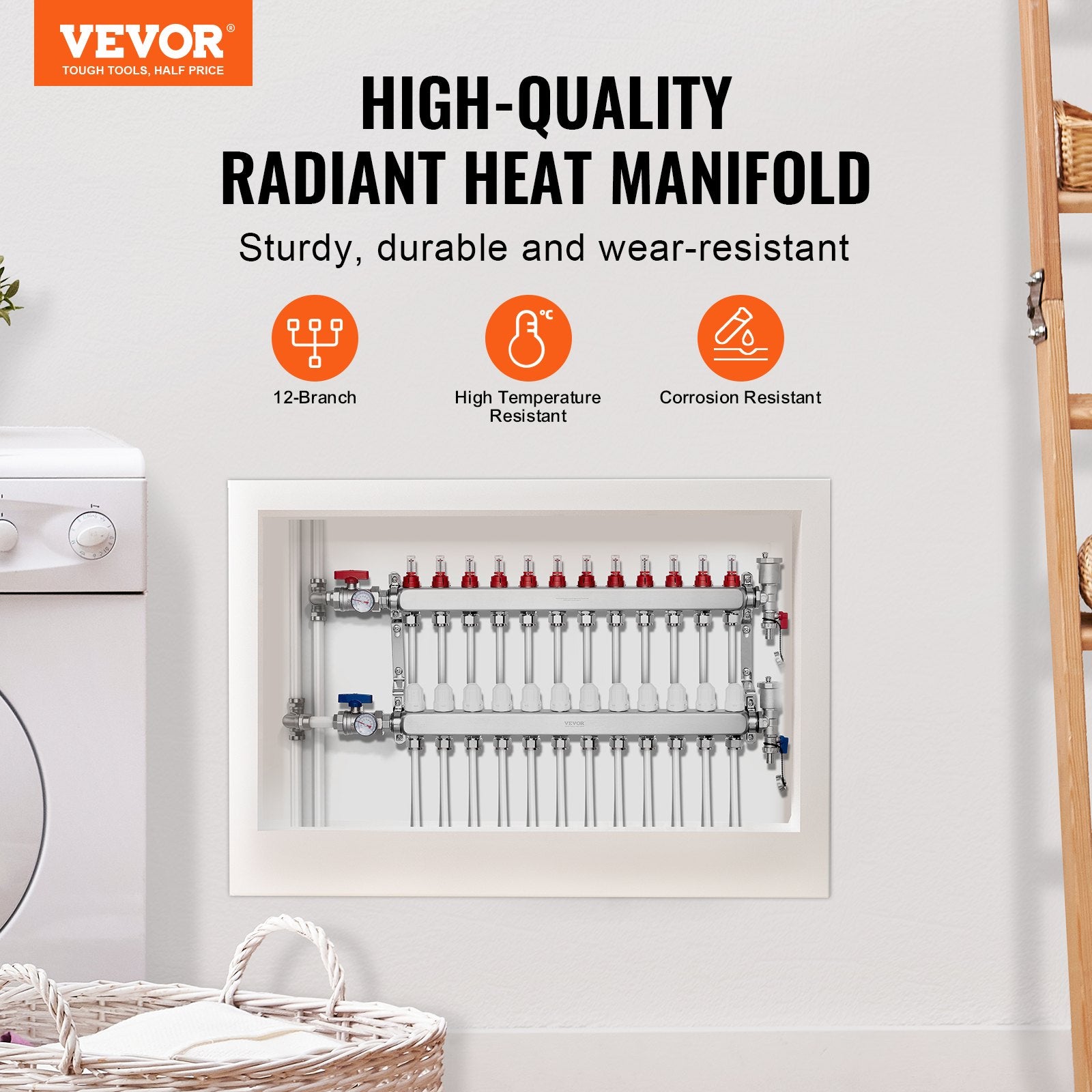 12-Branch Radiant Heat Manifold 1/2" PEX Stainless Steel Floor Heating Kit