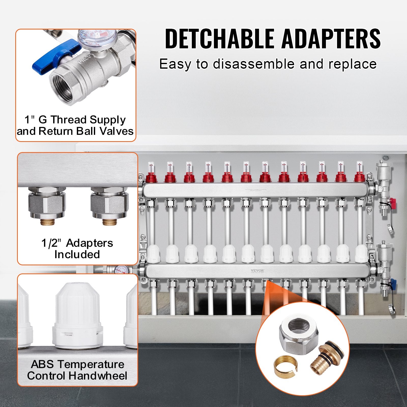 12-Branch Radiant Heat Manifold 1/2" PEX Stainless Steel Floor Heating Kit