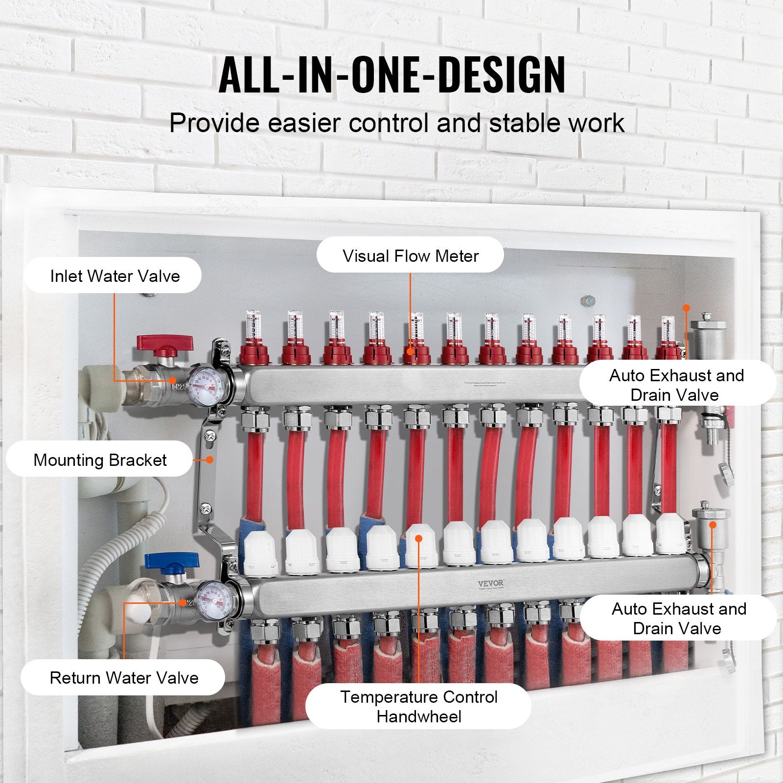 12-Branch Radiant Heat Manifold 1/2" PEX Stainless Steel Floor Heating Kit