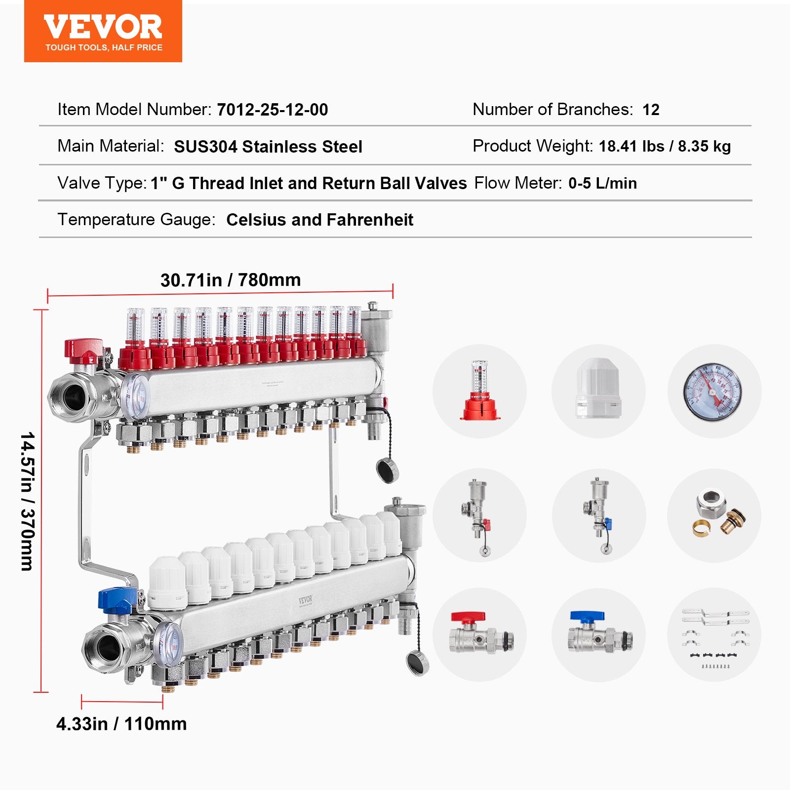 12-Branch Radiant Heat Manifold 1/2" PEX Stainless Steel Floor Heating Kit