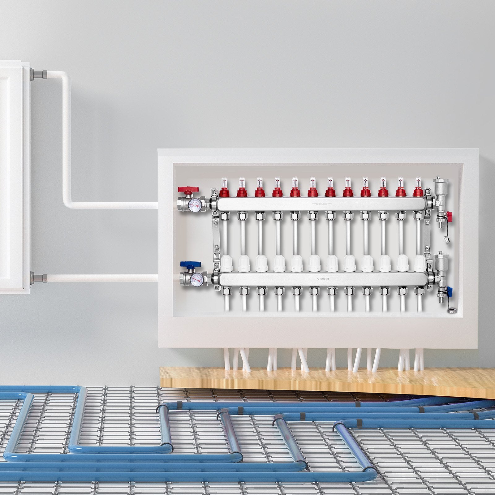 12-Branch Radiant Heat Manifold 1/2" PEX Stainless Steel Floor Heating Kit