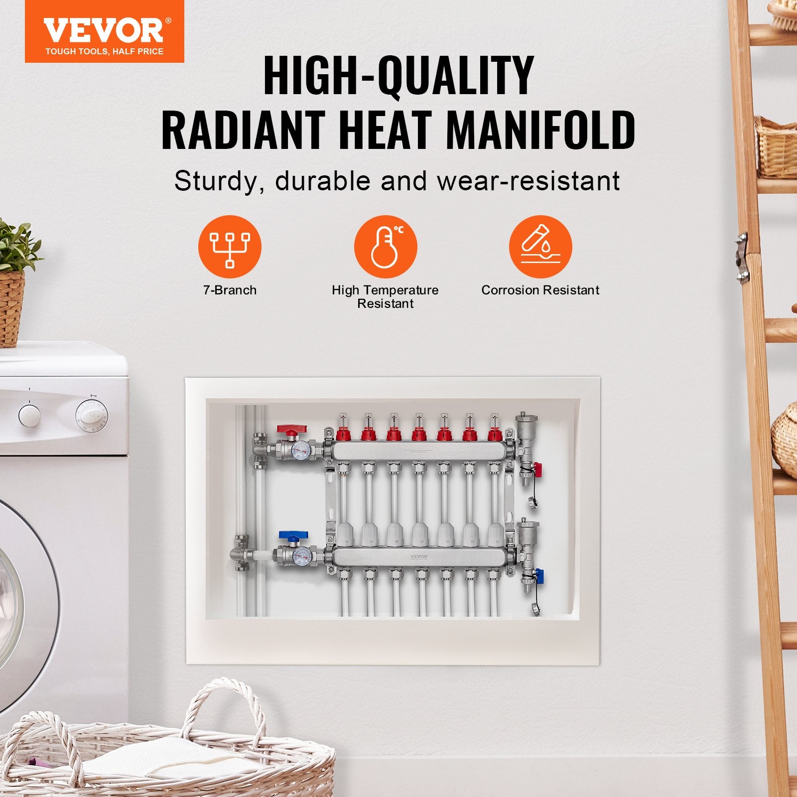 7-Branch Radiant Heat Manifold 1/2" PEX Stainless Steel Floor Heating Kit
