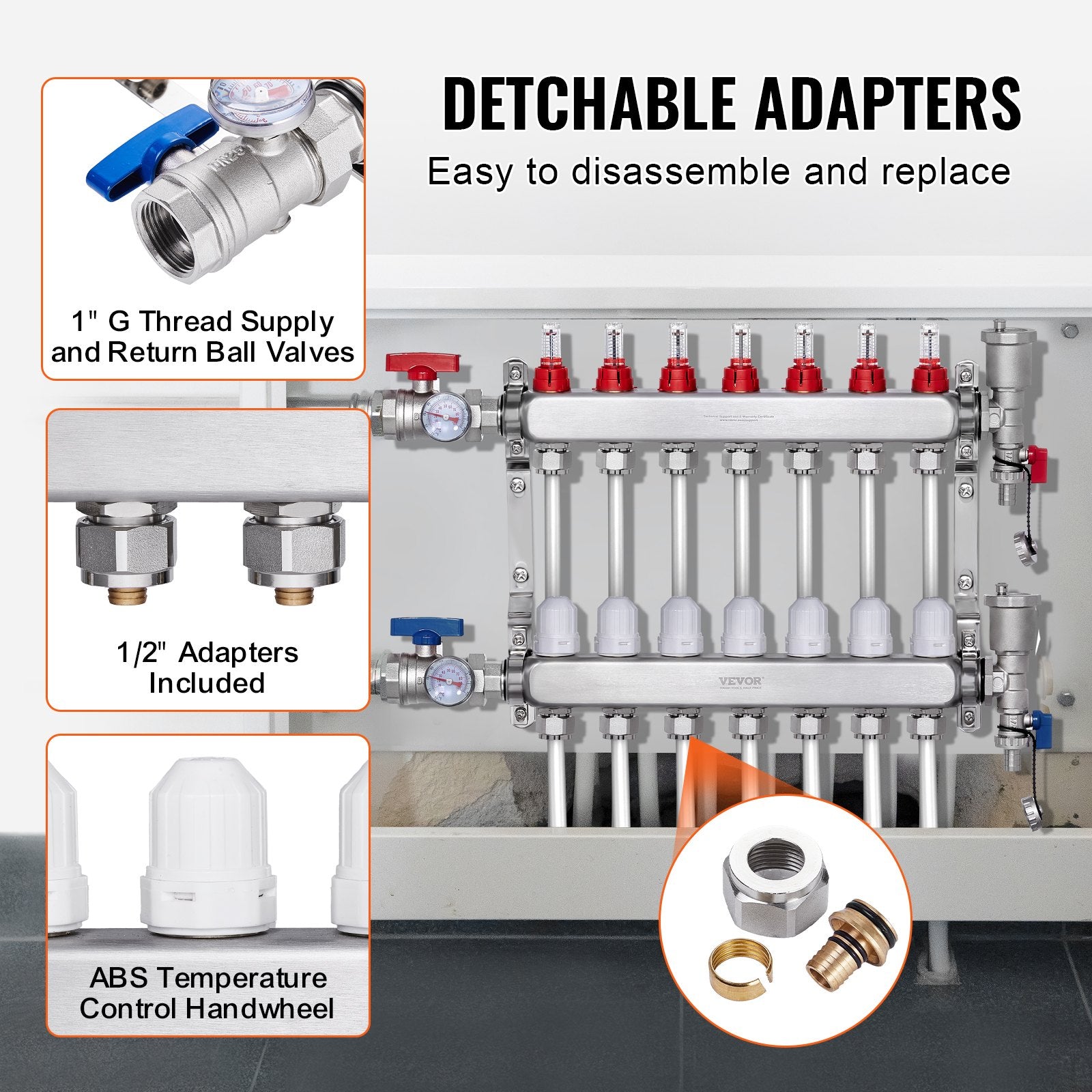 7-Branch Radiant Heat Manifold 1/2" PEX Stainless Steel Floor Heating Kit