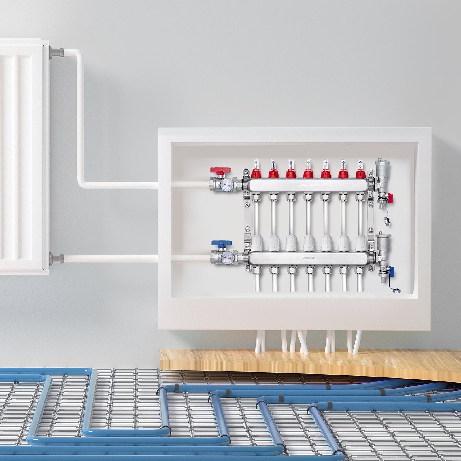 7-Branch Radiant Heat Manifold 1/2" PEX Stainless Steel Floor Heating Kit