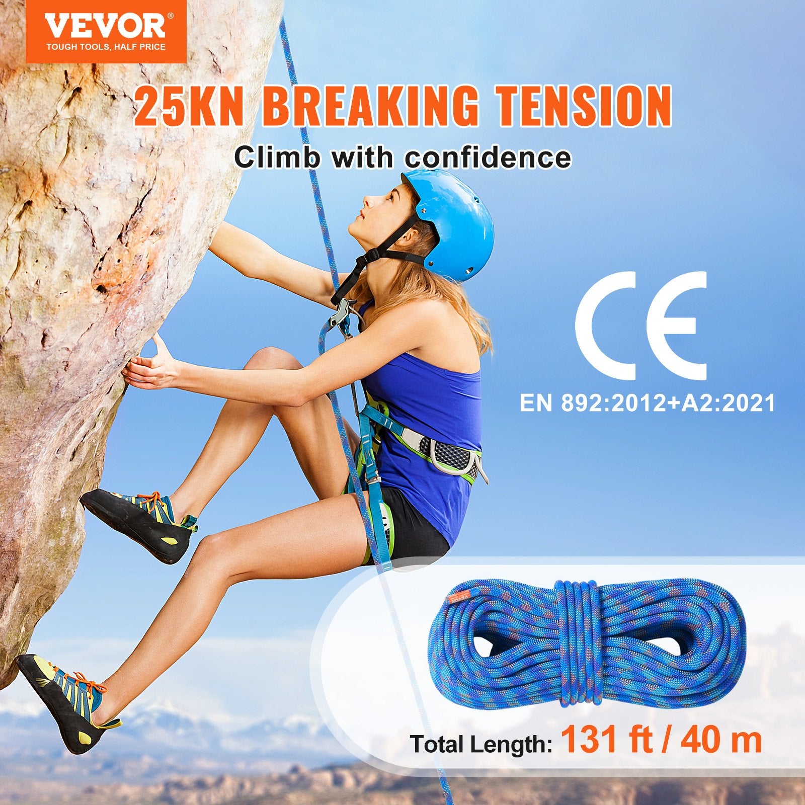 Dynamic Climbing Rope 10.2mm 40M Outdoor Rock Climbing 25KN with Steel Hooks