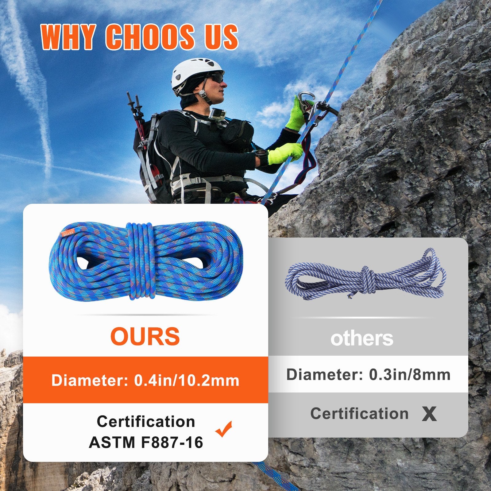 Dynamic Climbing Rope 10.2mm 40M Outdoor Rock Climbing 25KN with Steel Hooks