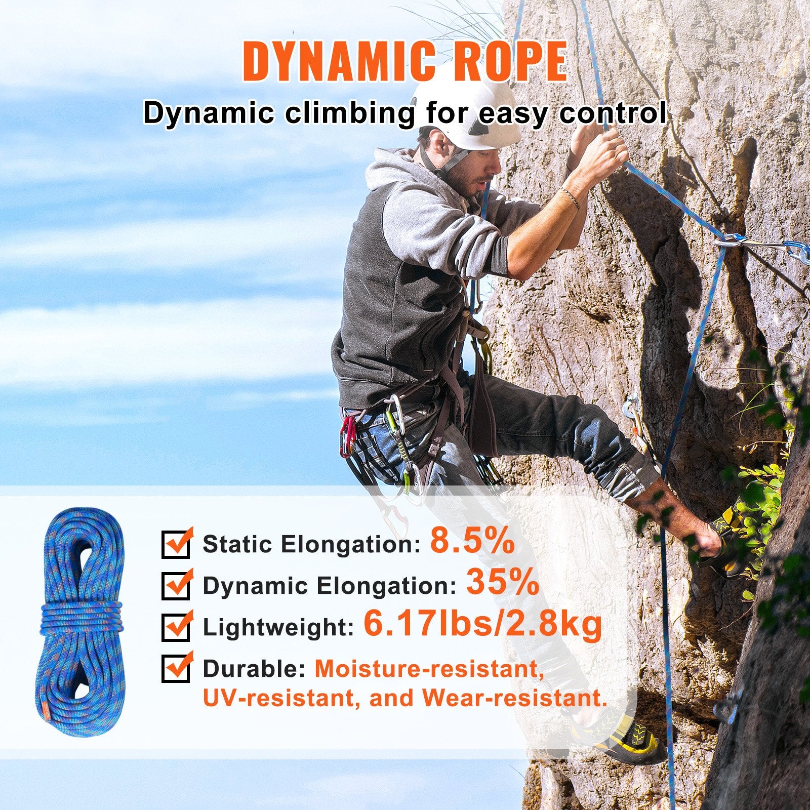 Dynamic Climbing Rope 10.2mm 40M Outdoor Rock Climbing 25KN with Steel Hooks