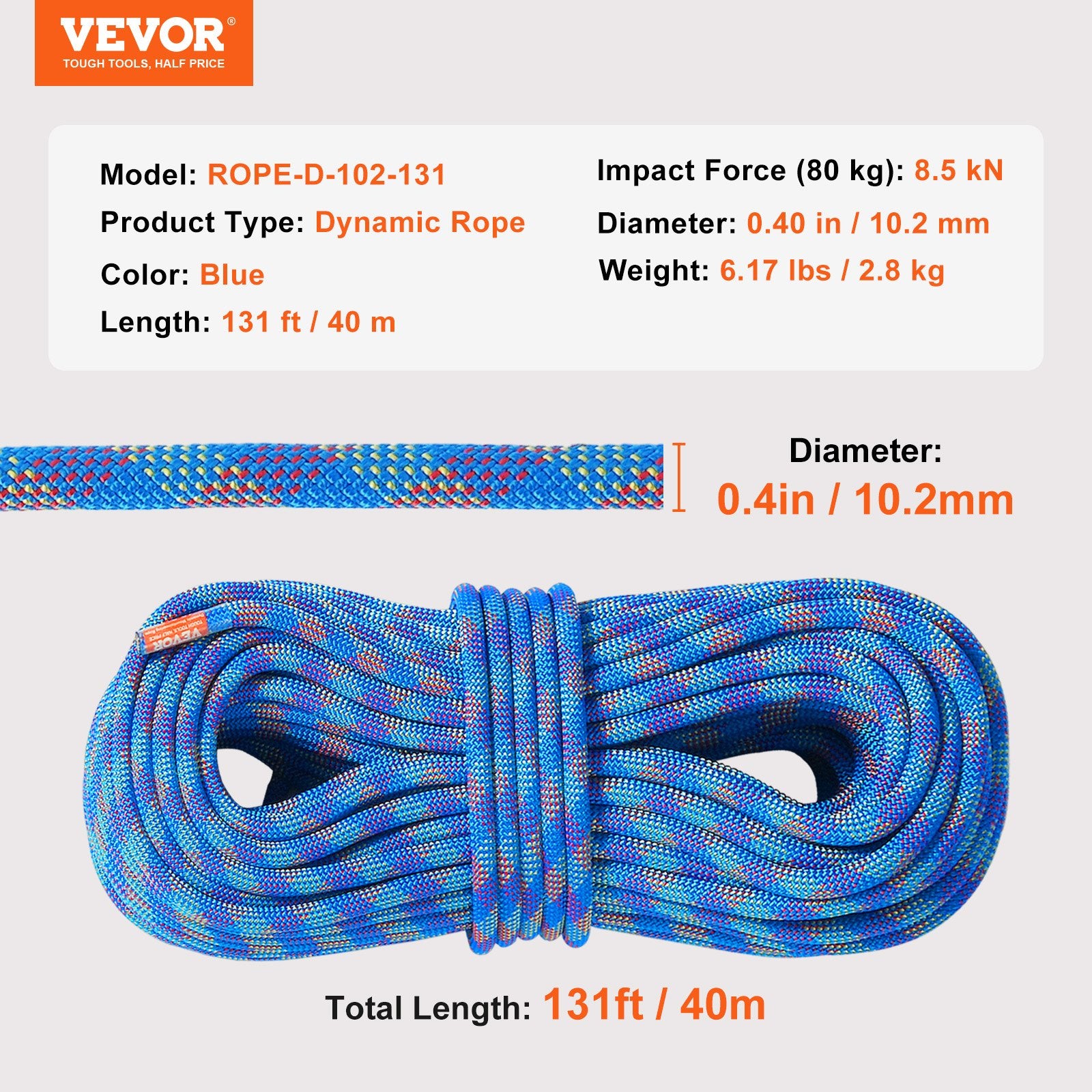 Dynamic Climbing Rope 10.2mm 40M Outdoor Rock Climbing 25KN with Steel Hooks