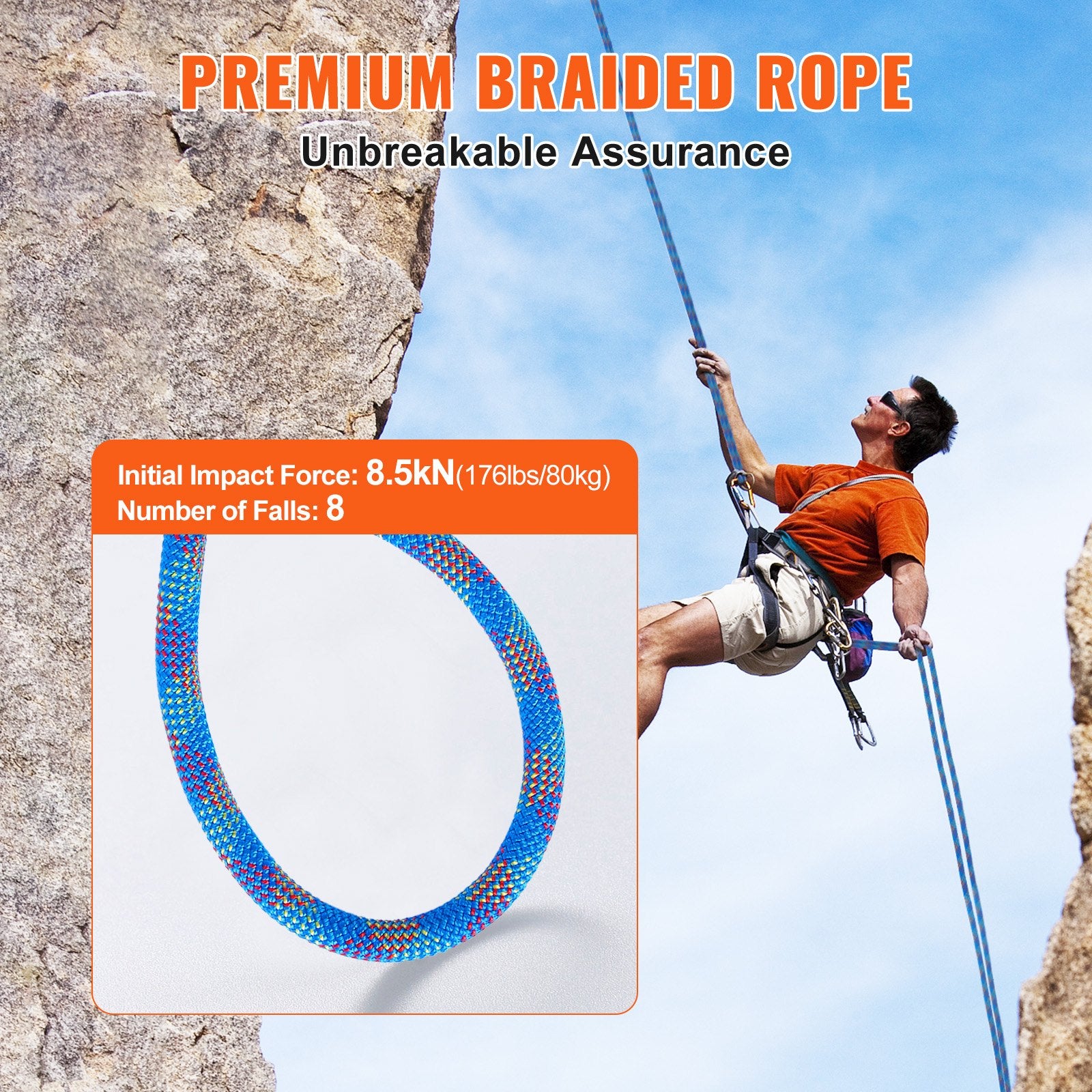 Dynamic Climbing Rope 10.2mm 50M 25KN Rock Rope Steel Snap Hooks Blue
