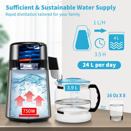 VEVOR 4L Countertop Water Distiller 750W Dual Temp Display 0-99H Timer FDA