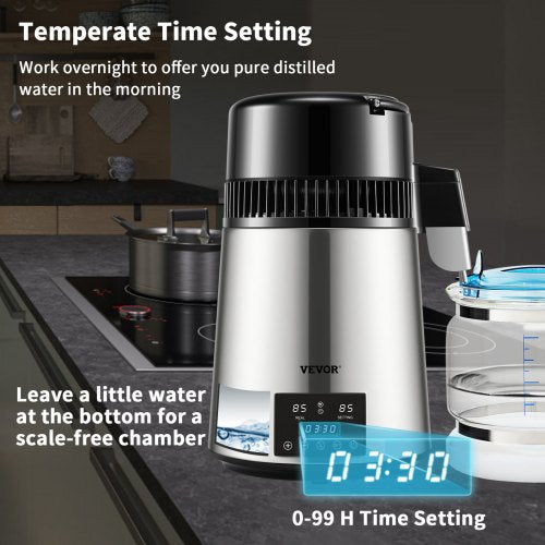VEVOR 4L Countertop Water Distiller 750W Dual Temp Display 0-99H Timer FDA