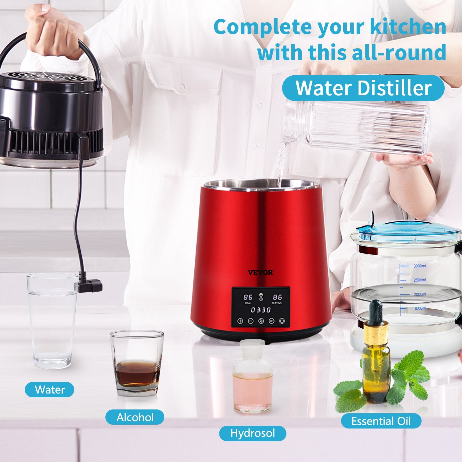 Water Distiller 4L 750W Countertop Purifier Dual Temp Display Glass Carafe Red