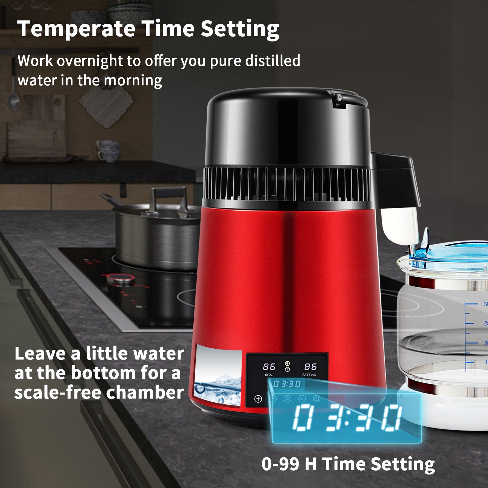 Water Distiller 4L 750W Countertop Purifier Dual Temp Display Glass Carafe Red