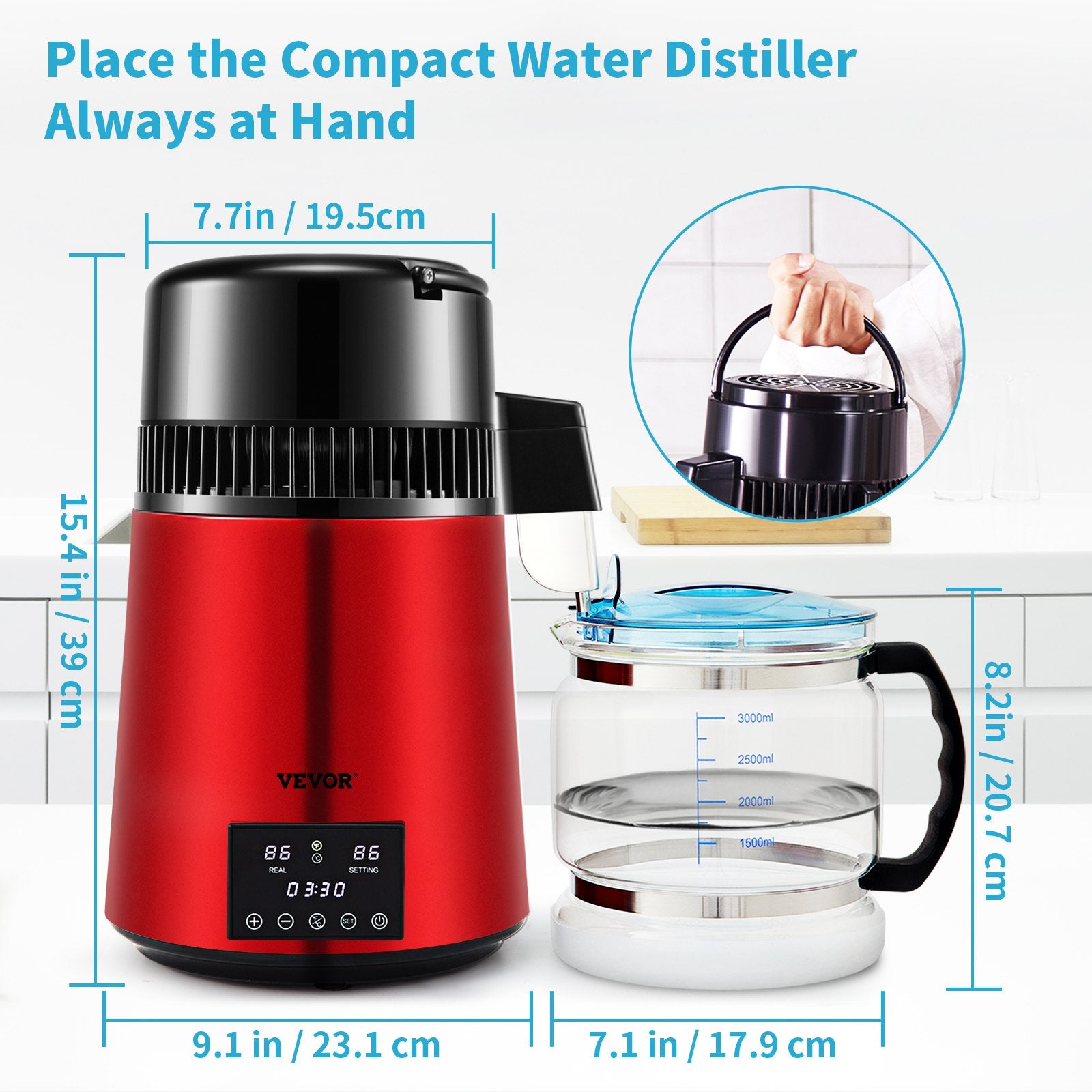 Water Distiller 4L 750W Countertop Purifier Dual Temp Display Glass Carafe Red