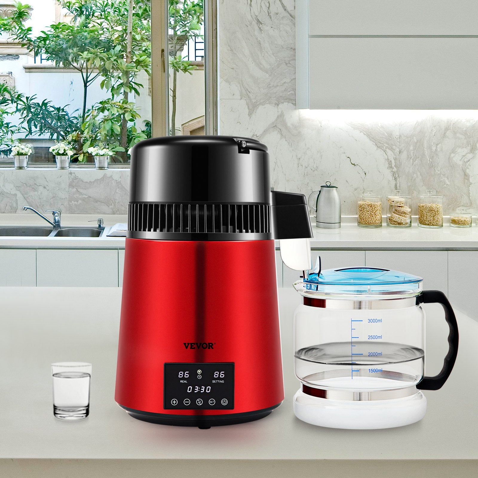 Water Distiller 4L 750W Countertop Purifier Dual Temp Display Glass Carafe Red