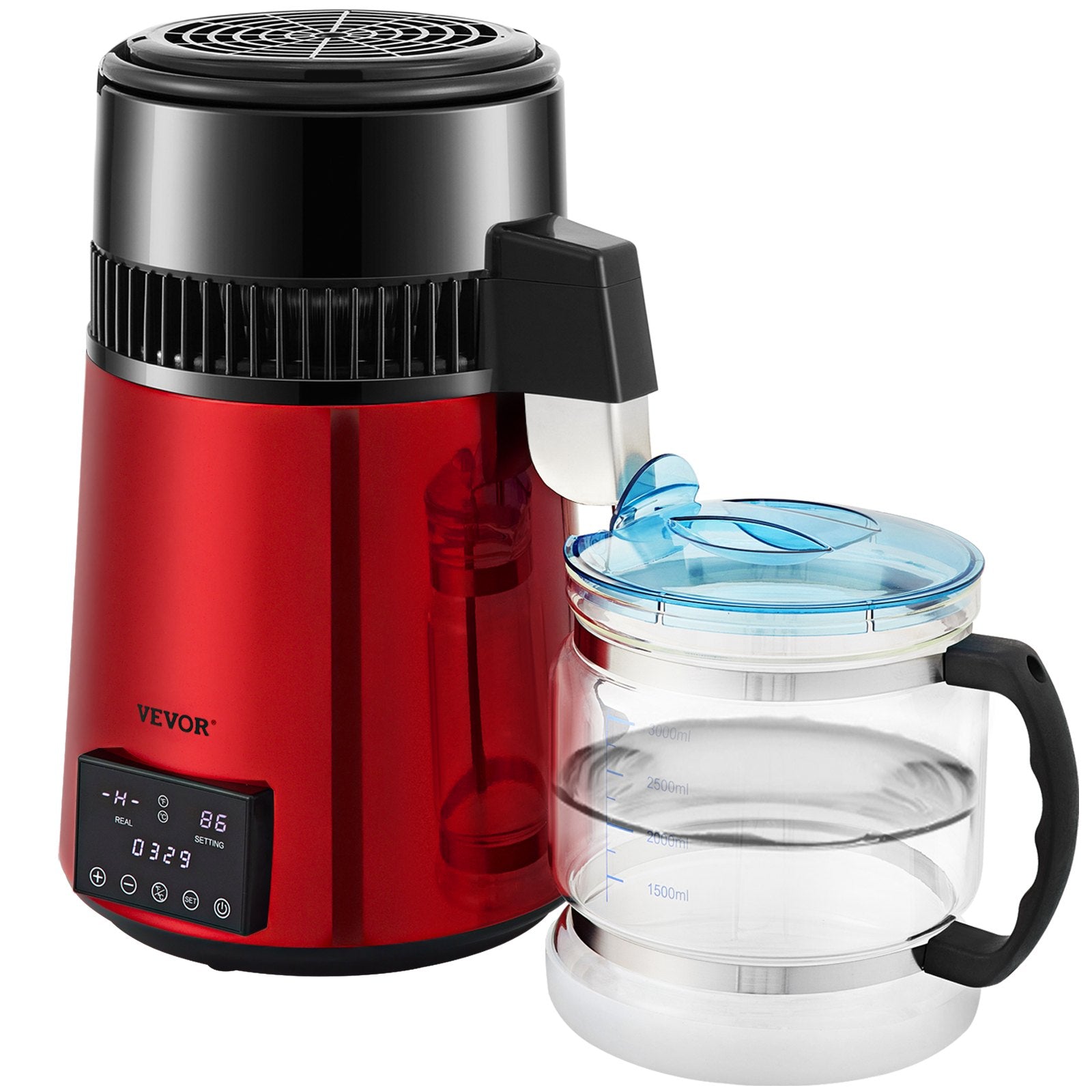 Water Distiller 4L 750W Countertop Purifier Dual Temp Display Glass Carafe Red