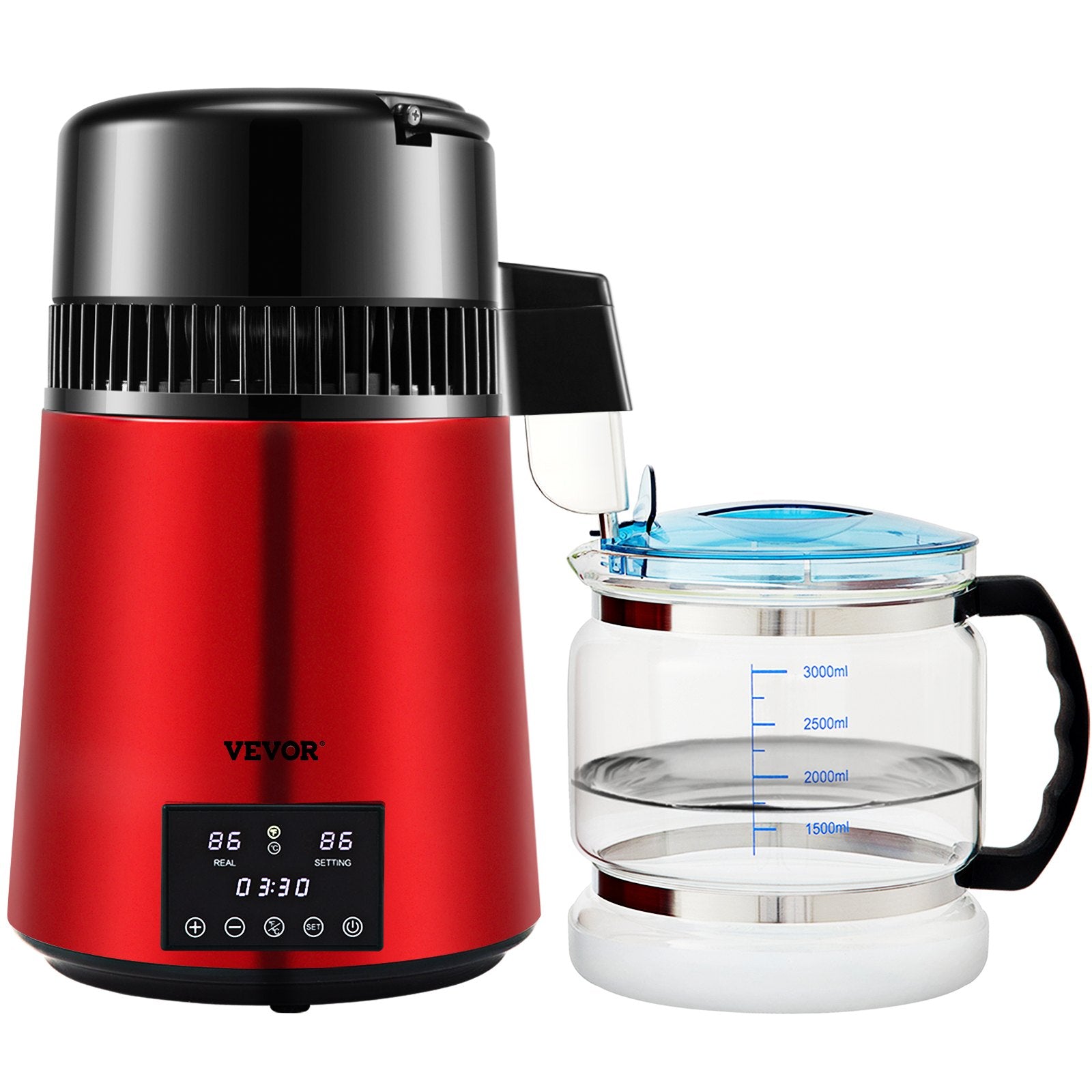 Water Distiller 4L 750W Countertop Purifier Dual Temp Display Glass Carafe Red