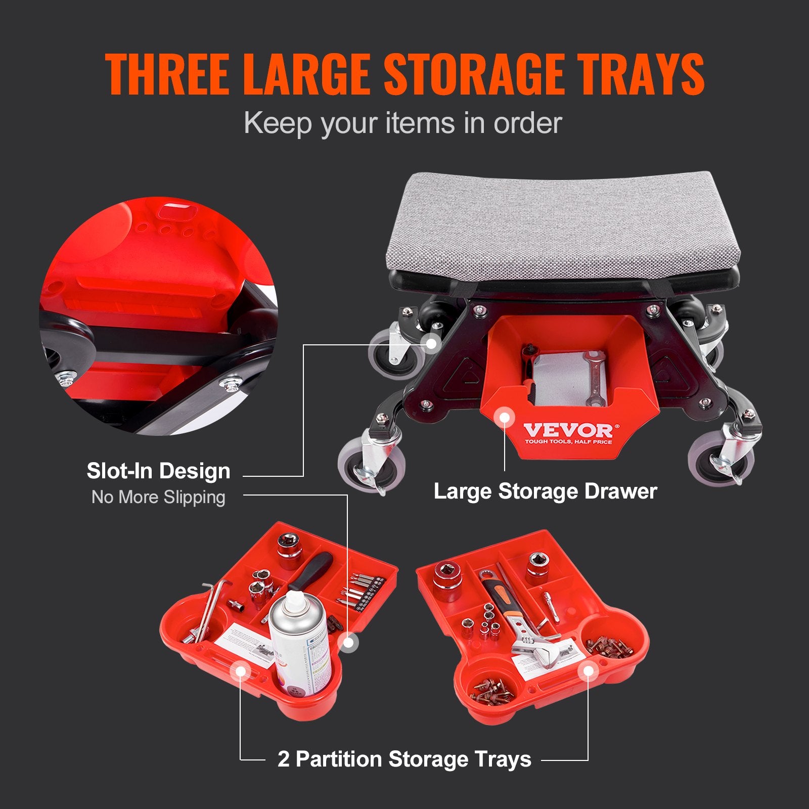 Mechanic Stool Creeper Seat Rolling Shop Stool 300lb with Tool Trays