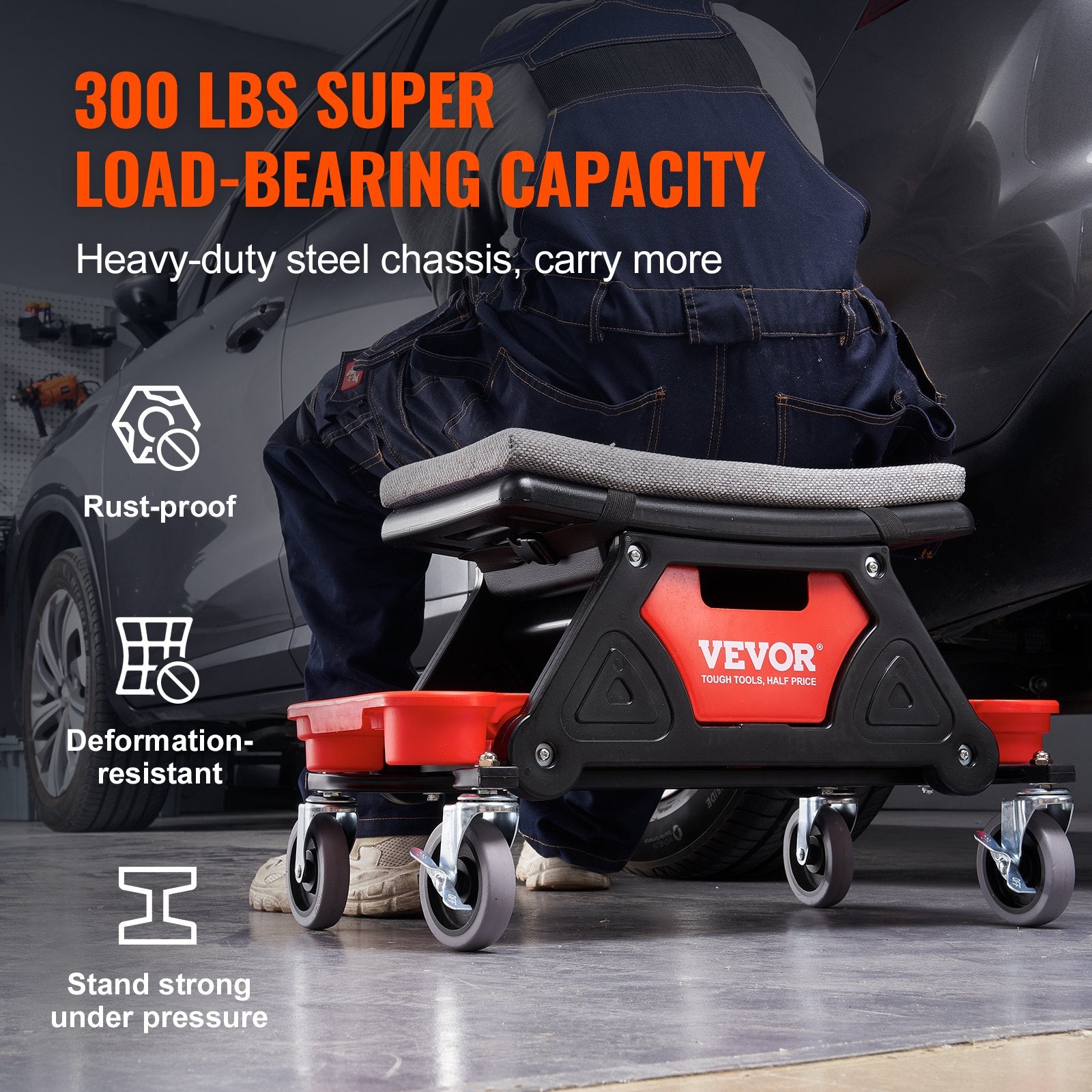 Mechanic Stool Creeper Seat Rolling Shop Stool 300lb with Tool Trays