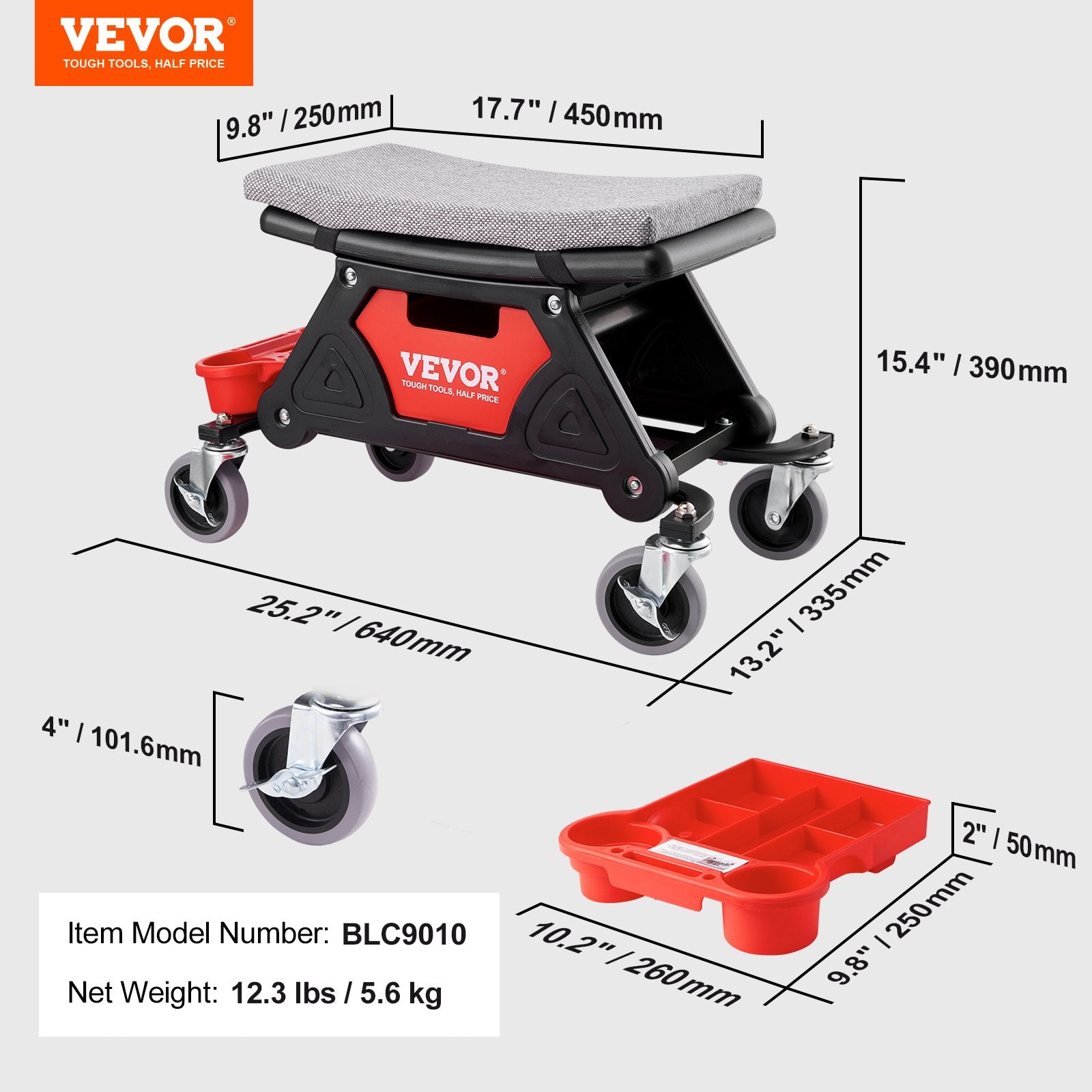 Mechanic Stool Creeper Seat Rolling Shop Stool 300lb with Tool Trays
