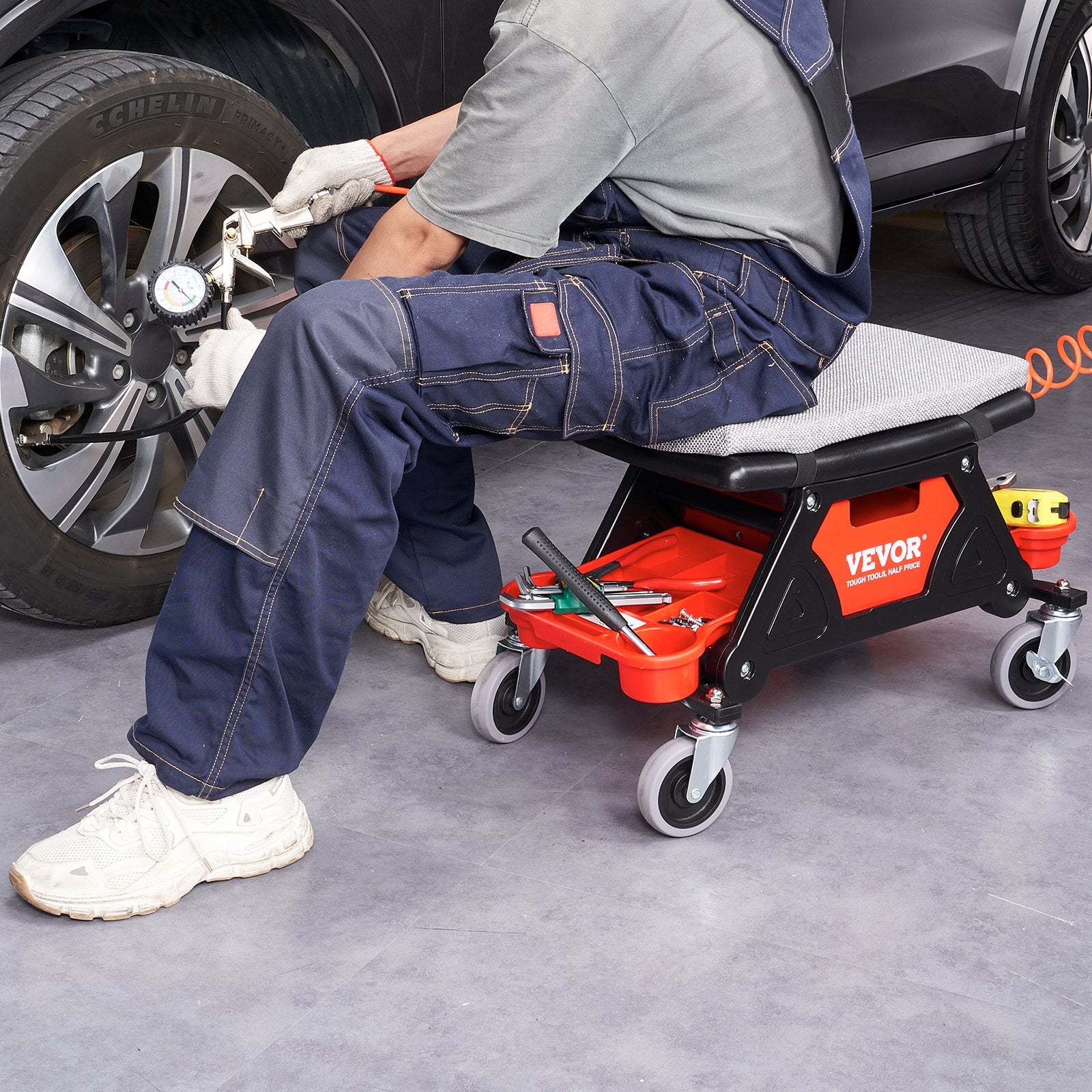Mechanic Stool Creeper Seat Rolling Shop Stool 300lb with Tool Trays