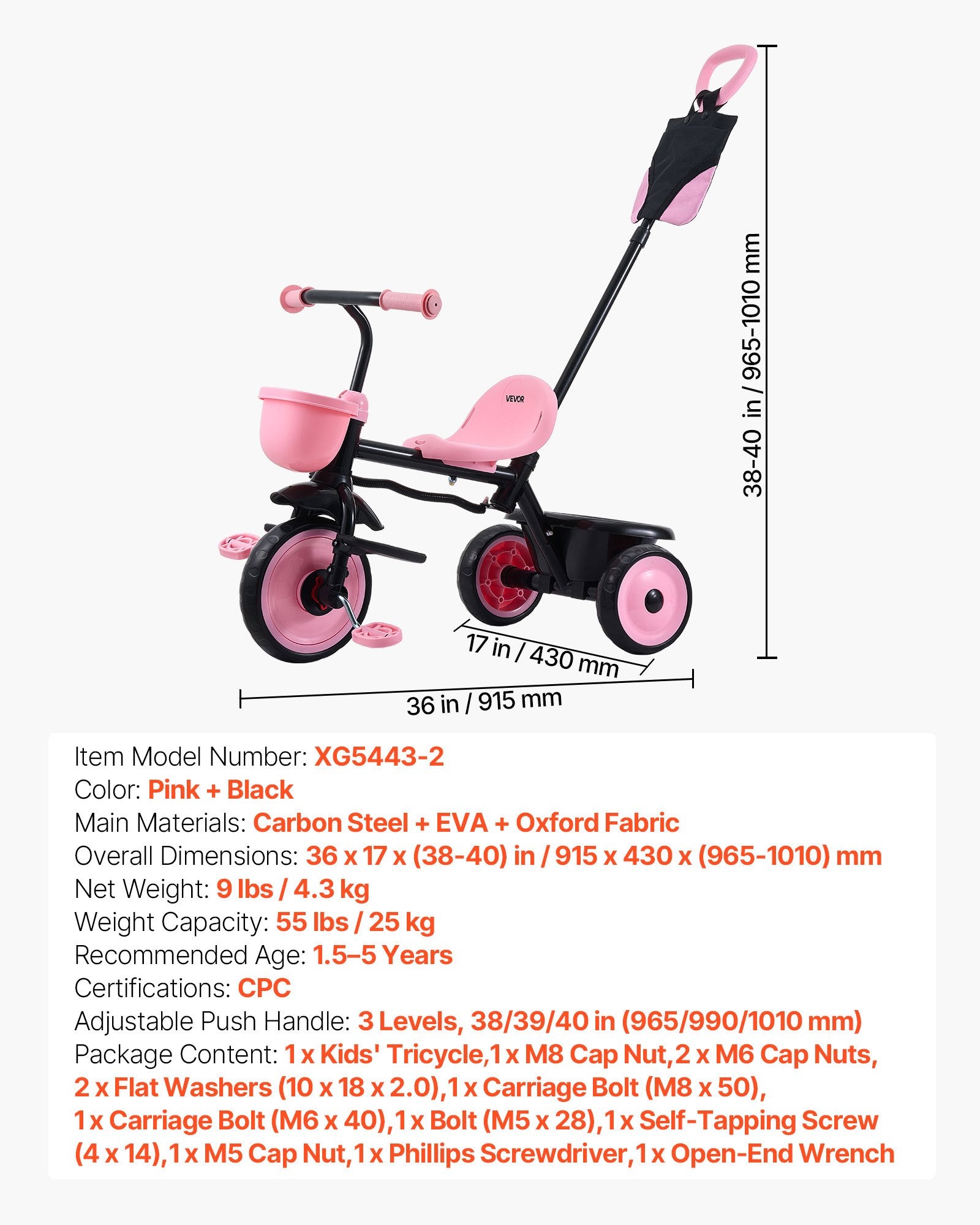 Toddler Tricycle & Stroller w/ Push Handle Adjustable Seat for Ages 18M-5Y