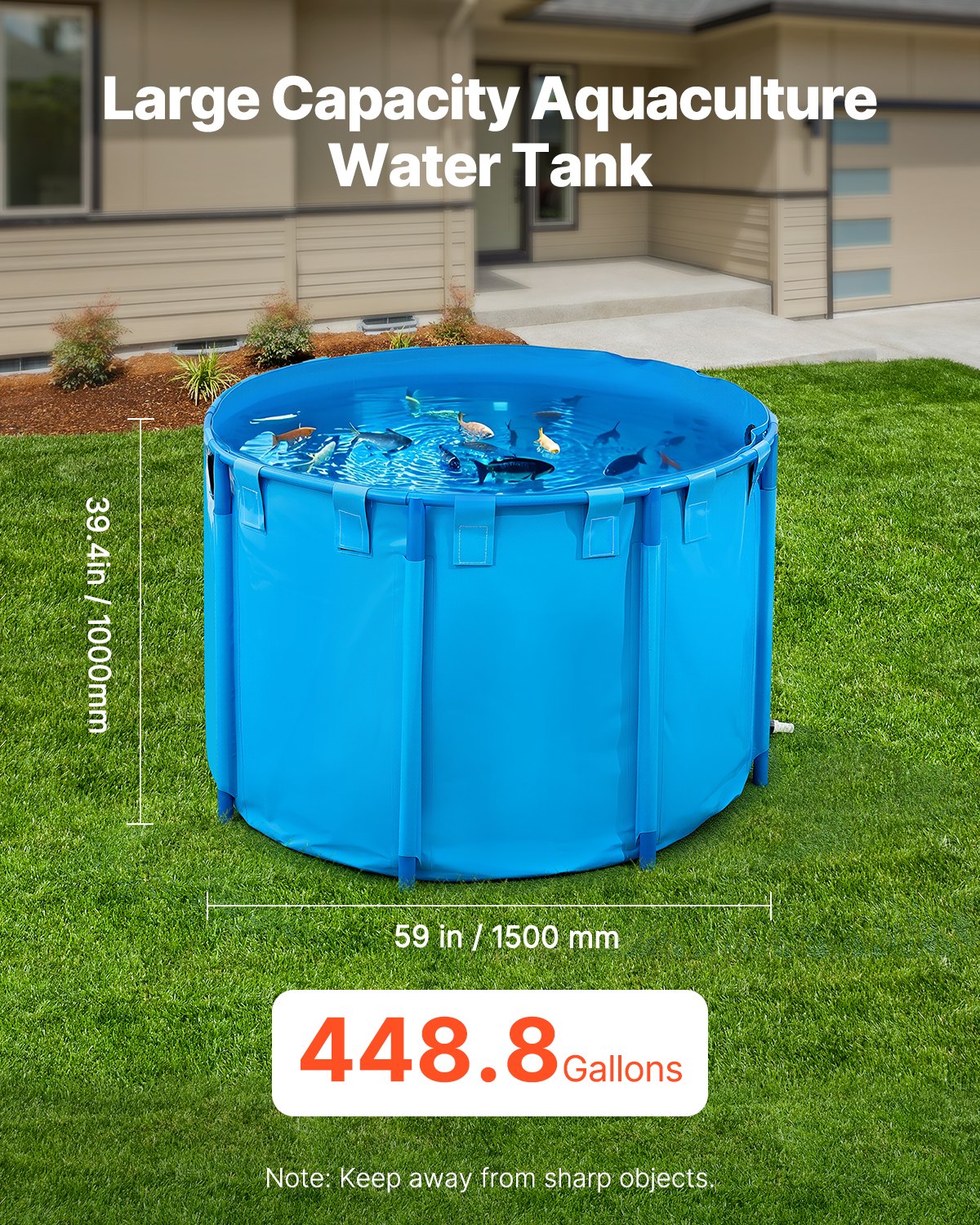 Canvas Fish Pond 1700L, Foldable PVC Koi Tank with Frame & Drain Valve, Blue