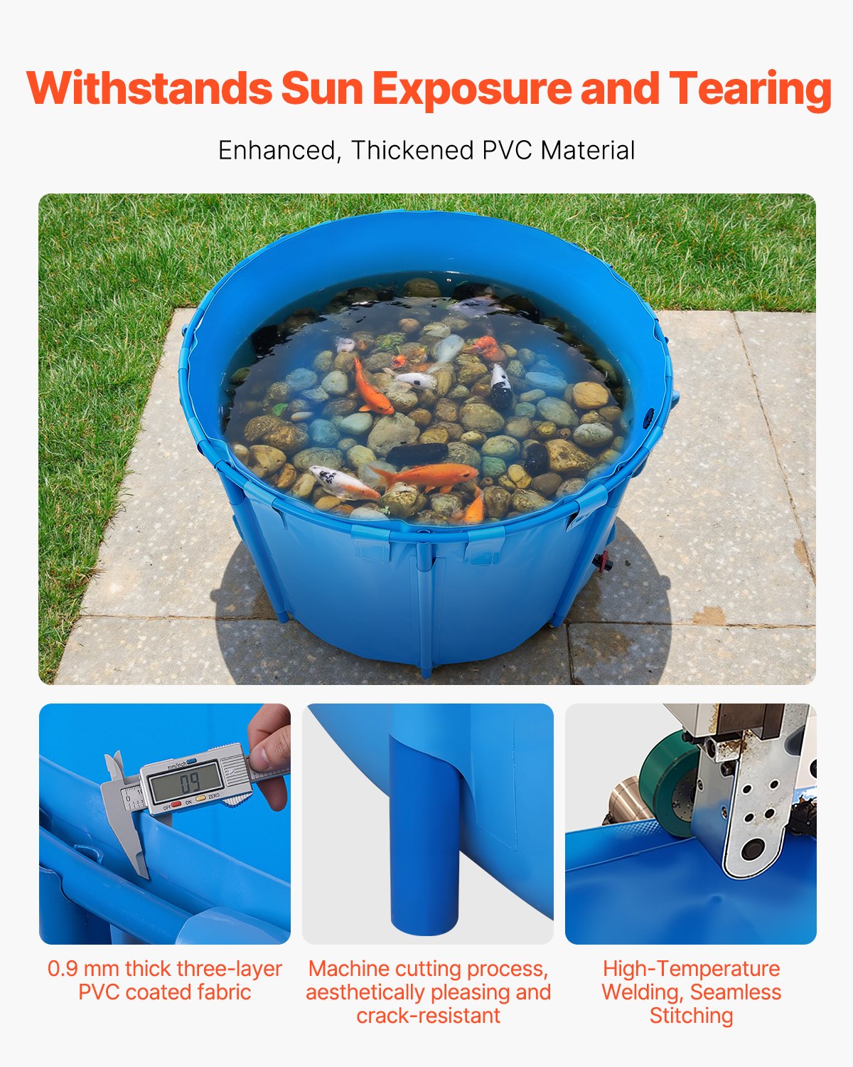 Canvas Fish Pond 1700L, Foldable PVC Koi Tank with Frame & Drain Valve, Blue